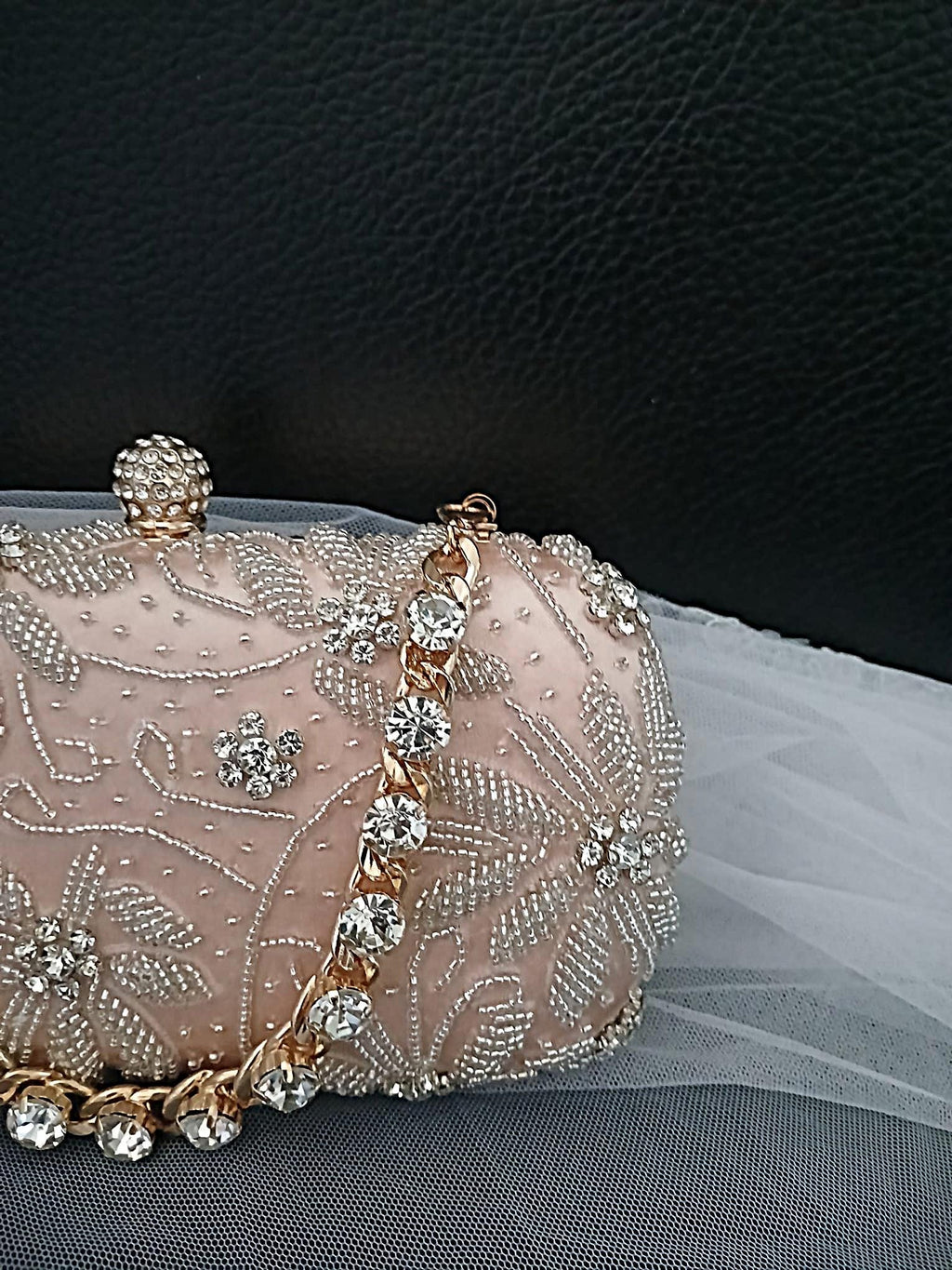 Champagne Beaded Satin Clutch Bag: Bridal Handbag with Crystal Handle