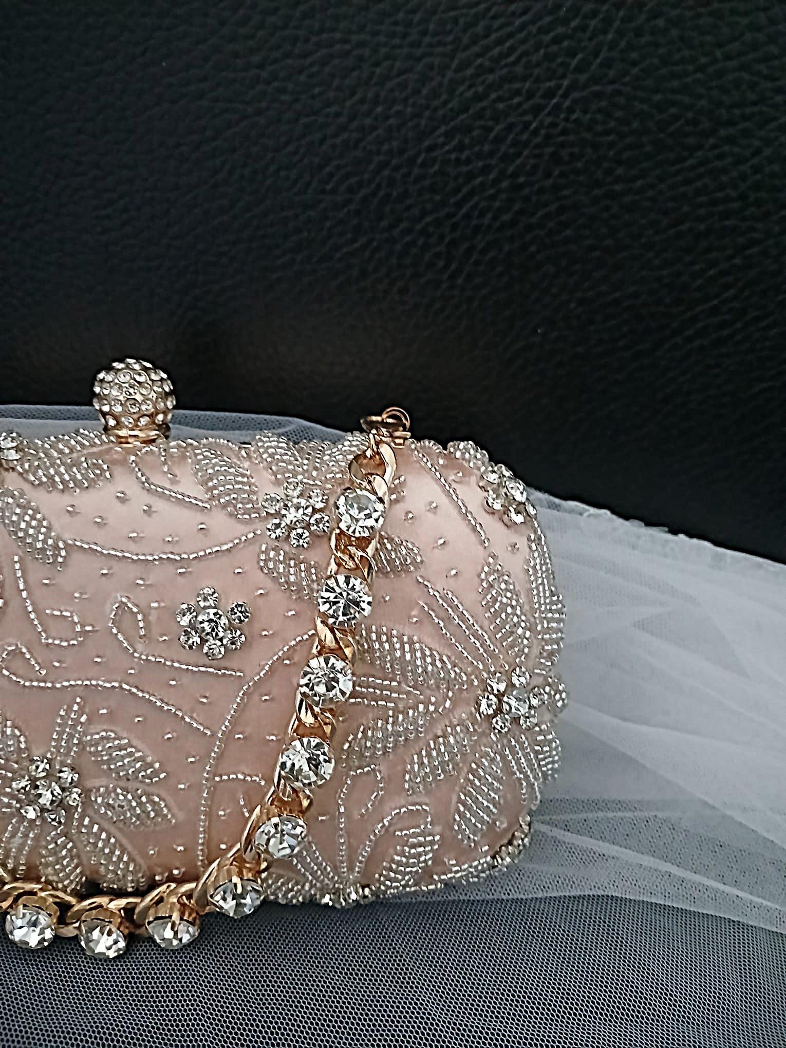 Champagne Beaded Satin Clutch Bag: Bridal Handbag with Crystal Handle