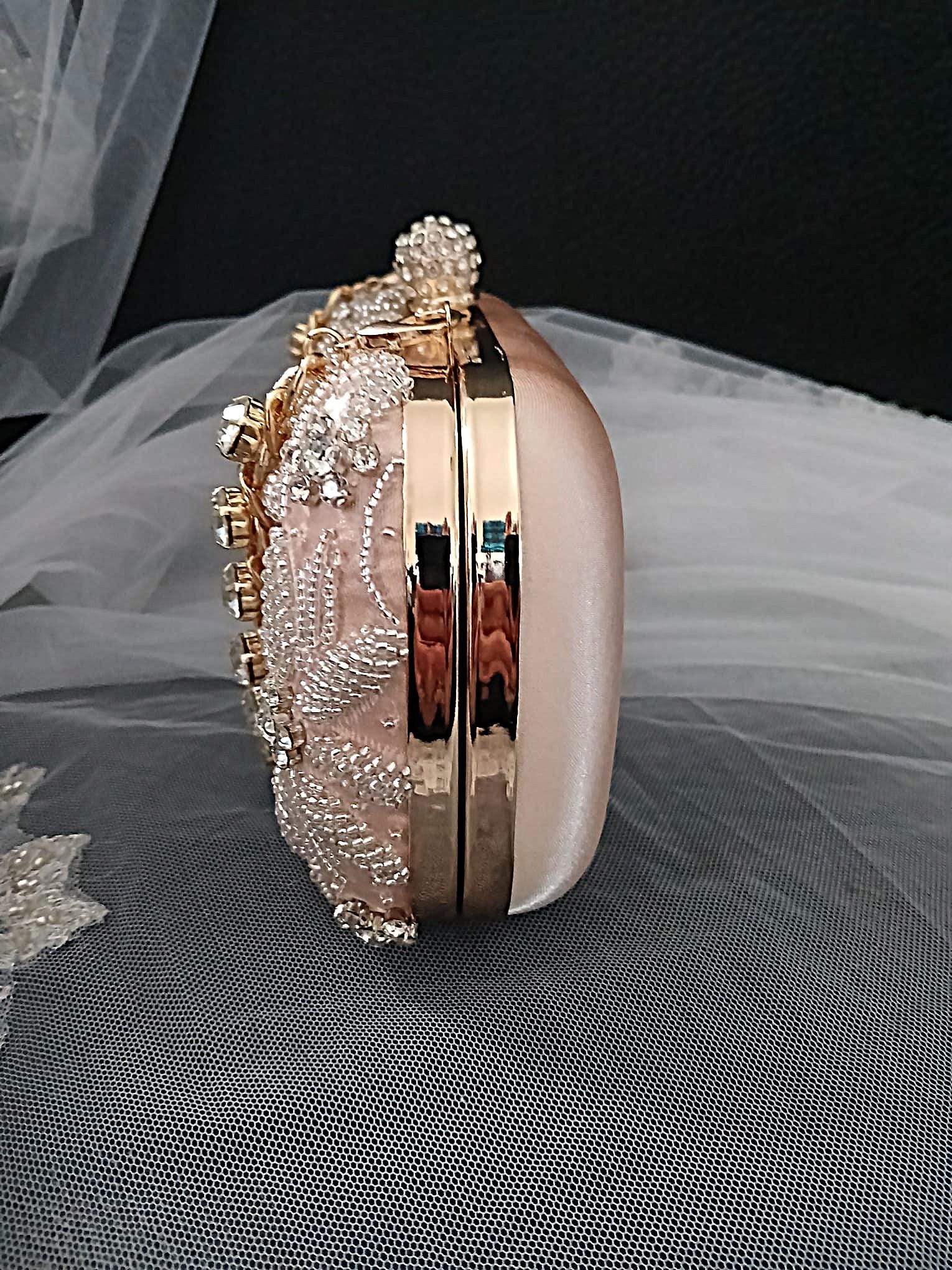 Champagne Beaded Satin Clutch Bag: Bridal Handbag with Crystal Handle