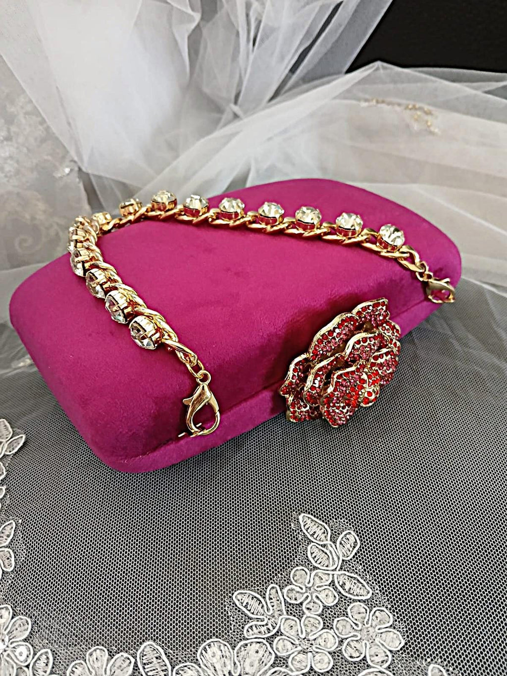 Magenta Pink Velvet Clutch Bag: Crystal Handle, Flower Closure