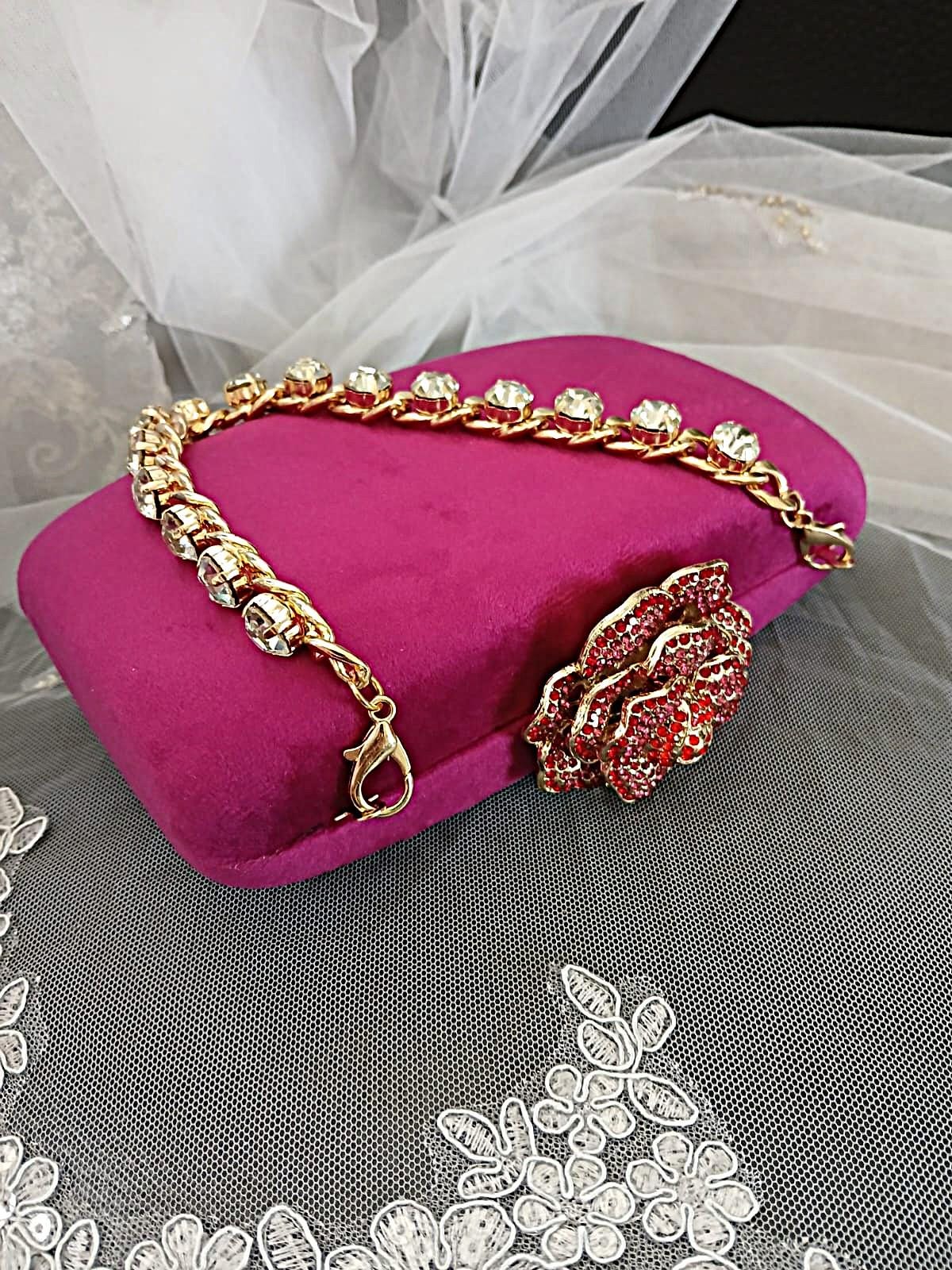 Magenta Pink Velvet Clutch Bag: Crystal Handle, Flower Closure