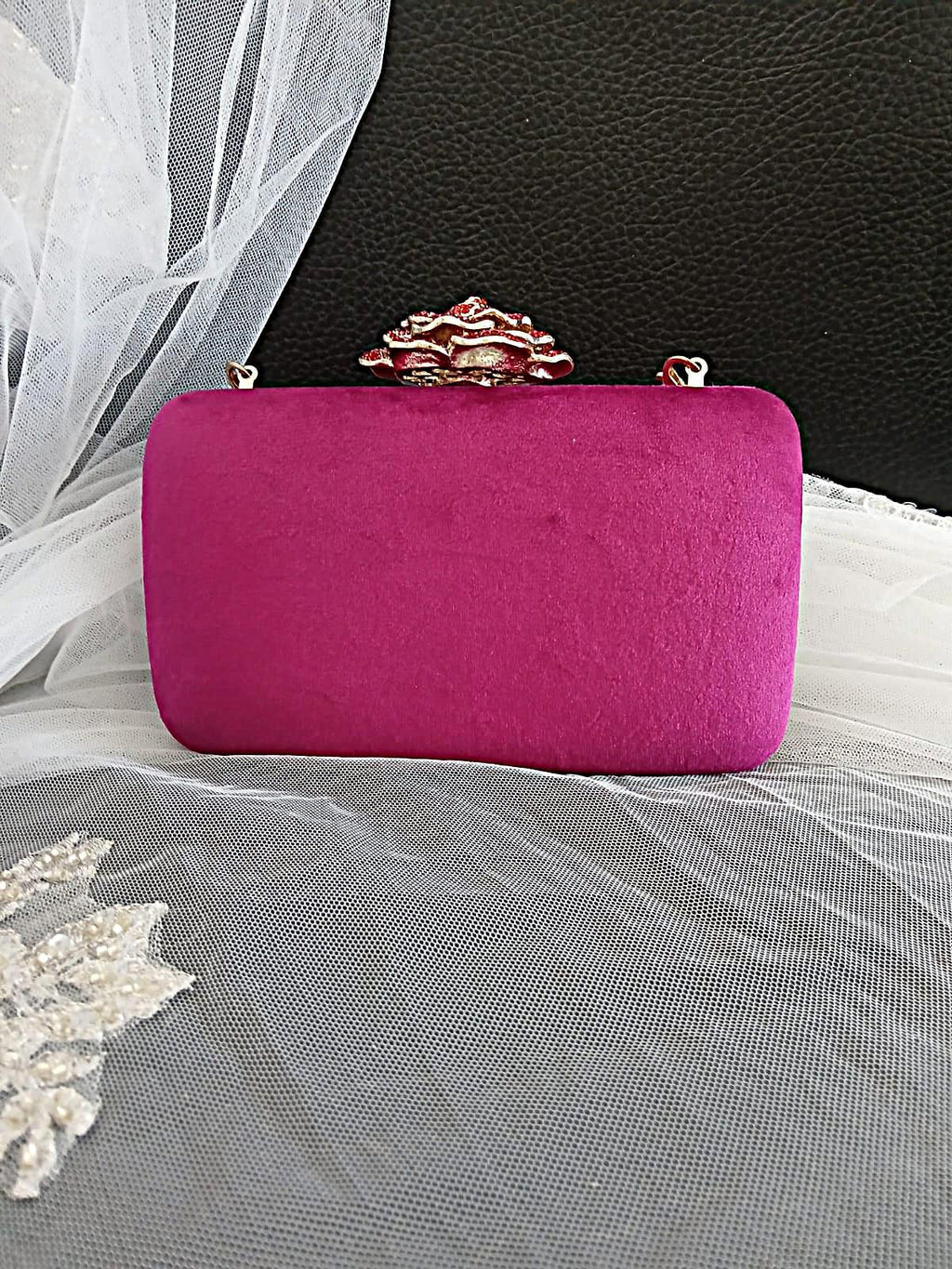 Magenta Pink Velvet Clutch Bag: Crystal Handle, Flower Closure