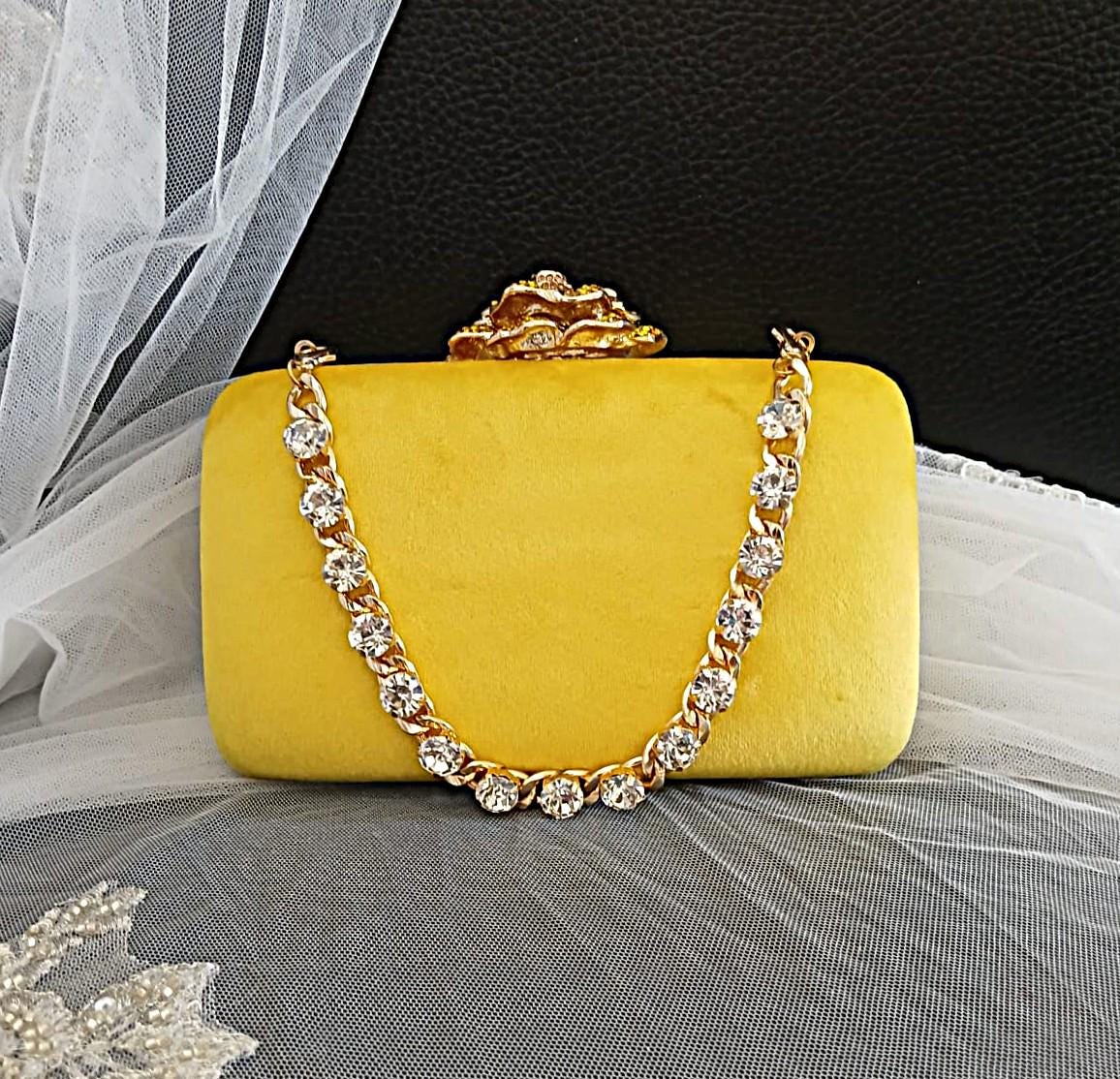 Yellow Velvet Evening Clutch: Crystal Handle Flower Closure, Wedding Handbag