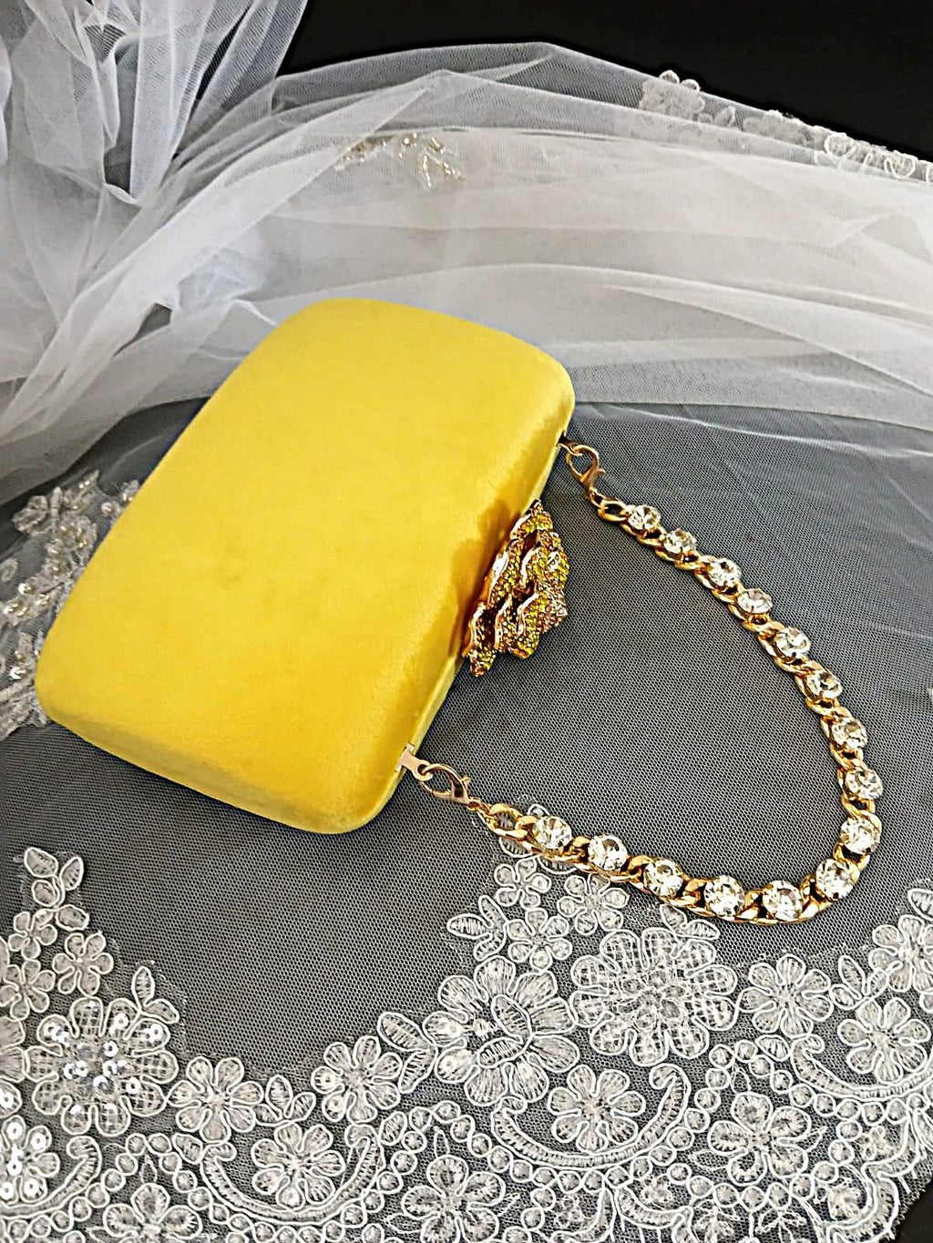 Yellow Velvet Evening Clutch: Crystal Handle Flower Closure, Wedding Handbag