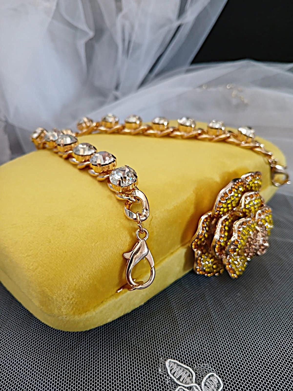 Yellow Velvet Evening Clutch: Crystal Handle Flower Closure, Wedding Handbag