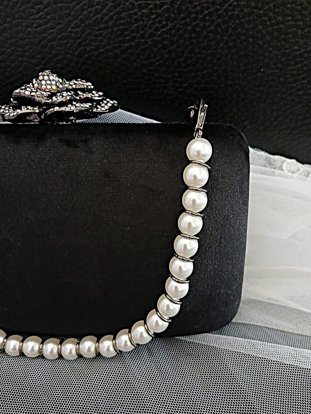 Black Velvet Evening Clutch: Pearl Handle, Flower Closure
