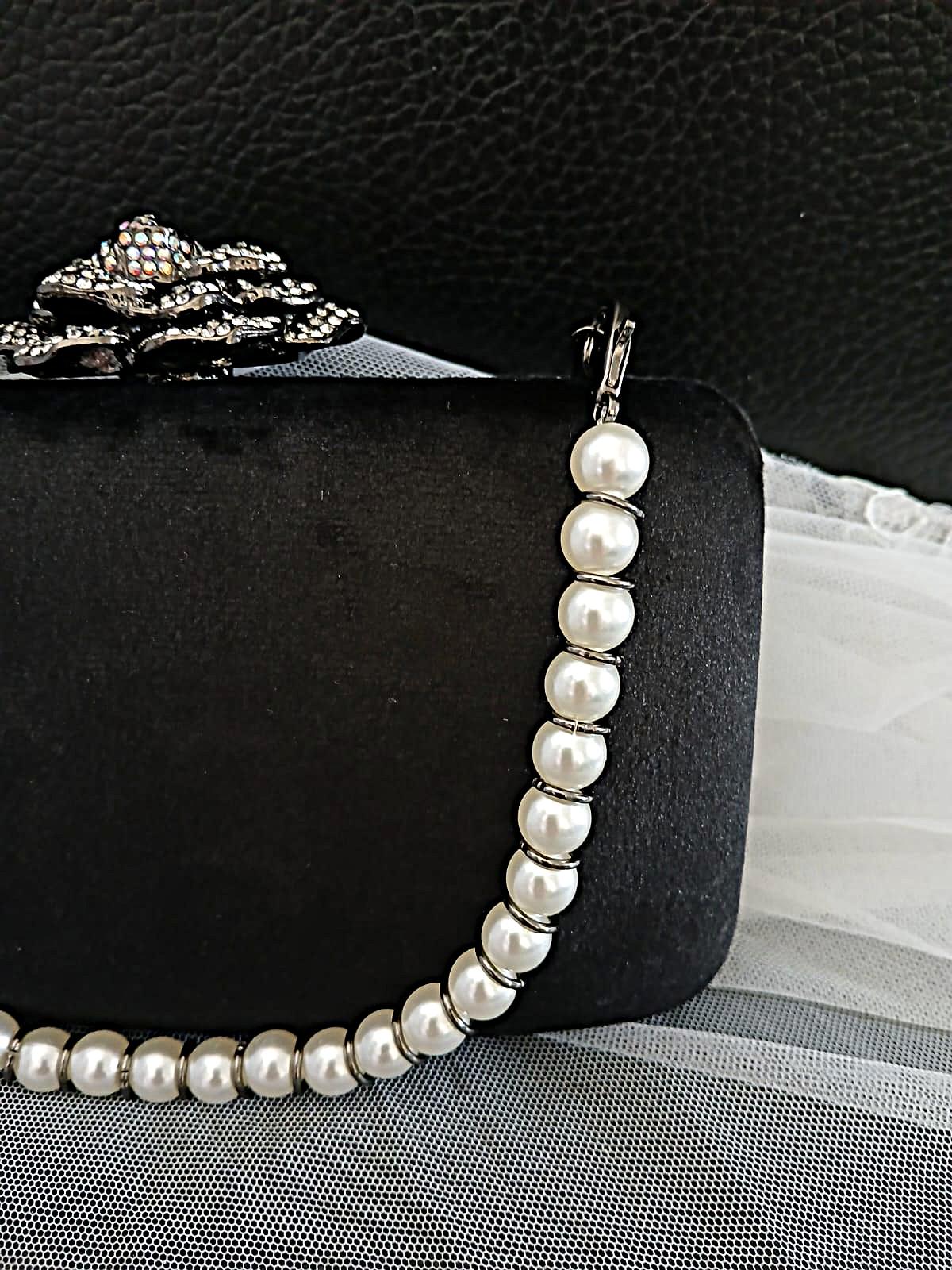 Black Velvet Evening Clutch: Pearl Handle, Flower Closure