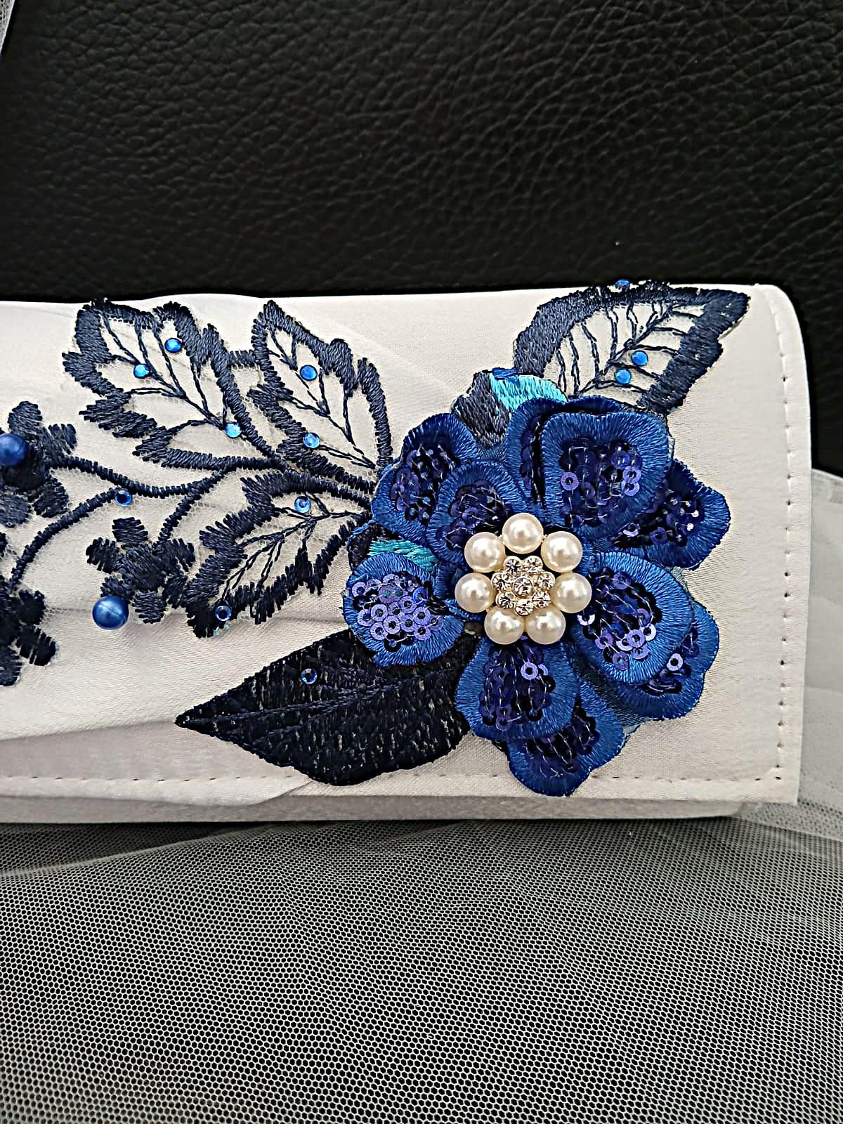 New White Satin Evening Clutch Bag With Floral Design And Chain Handle