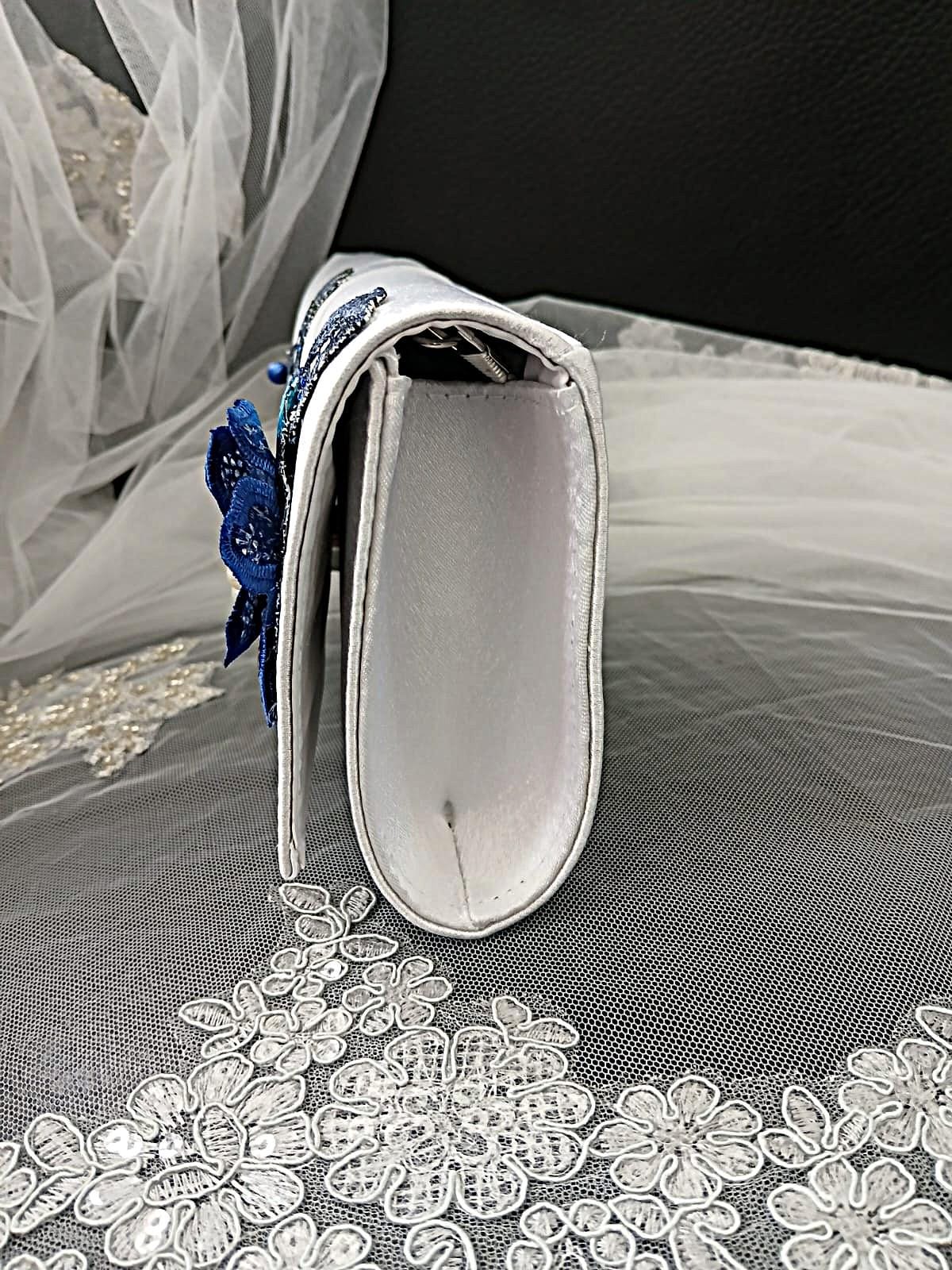 New White Satin Evening Clutch Bag With Floral Design And Chain Handle