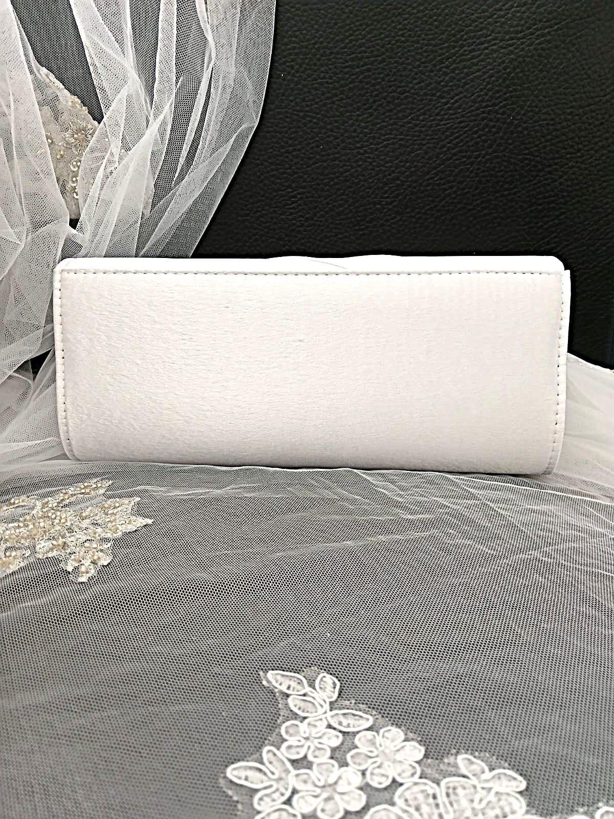 New White Satin Evening Clutch Bag With Floral Design And Chain Handle