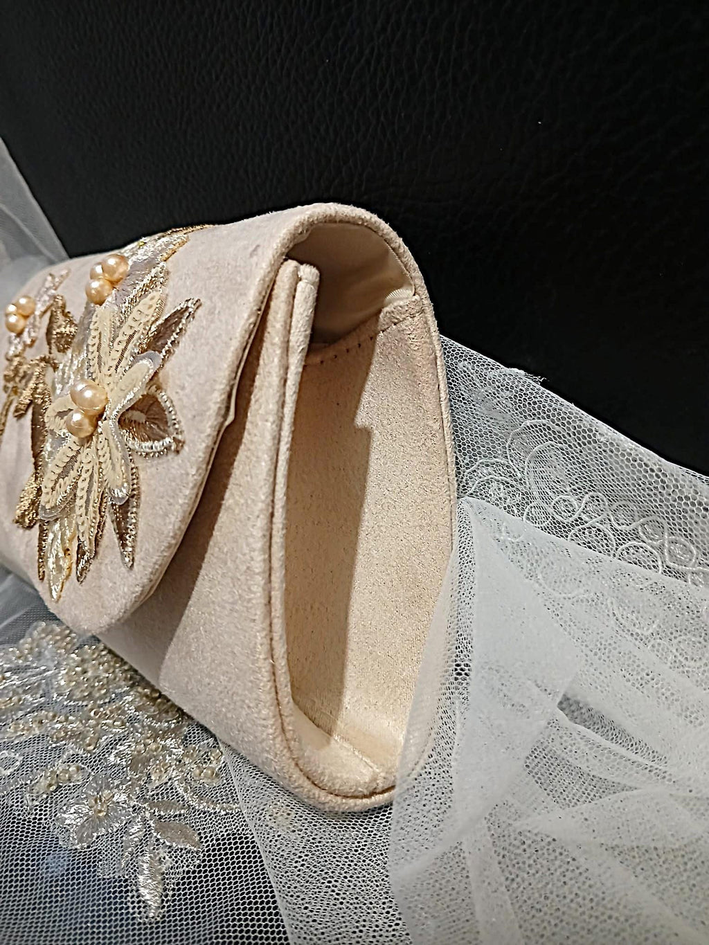 Dark Ivory Suede Evening Clutch Bag For Formal Event: Beige Flower, Chain Handle
