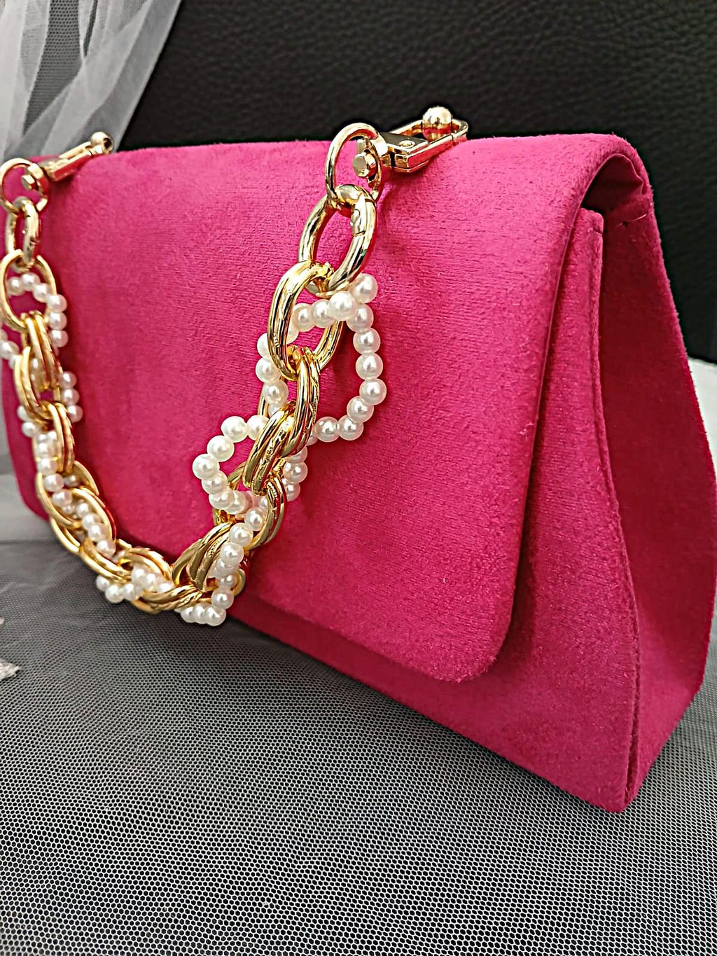 Fuchsia Pink Suede Clutch Bag With Pearl Handle, Evening Handbag