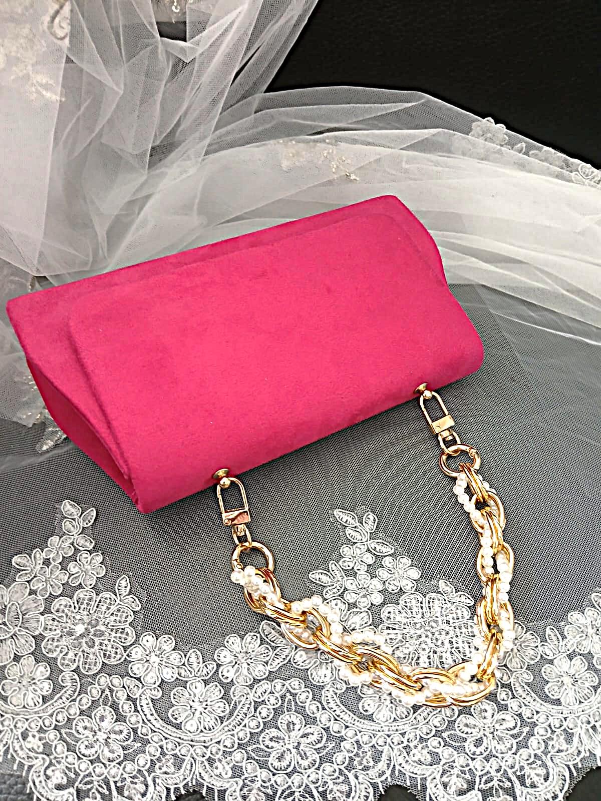 Fuchsia Pink Suede Clutch Bag With Pearl Handle, Evening Handbag