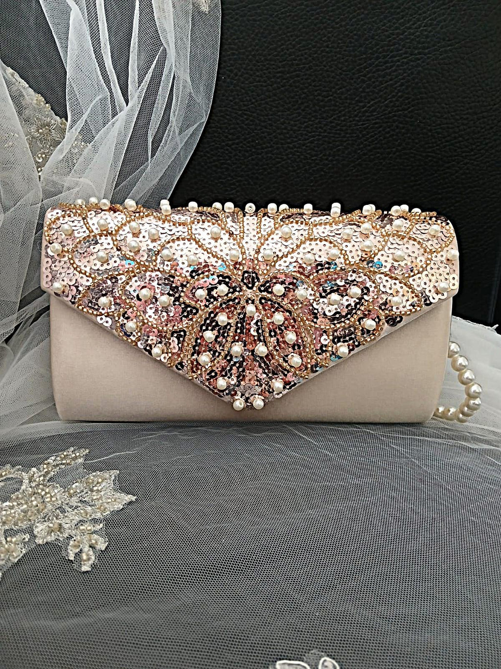Champagne Satin Evening Clutch Bag: Pearl & Chain Handle Wedding Handbag