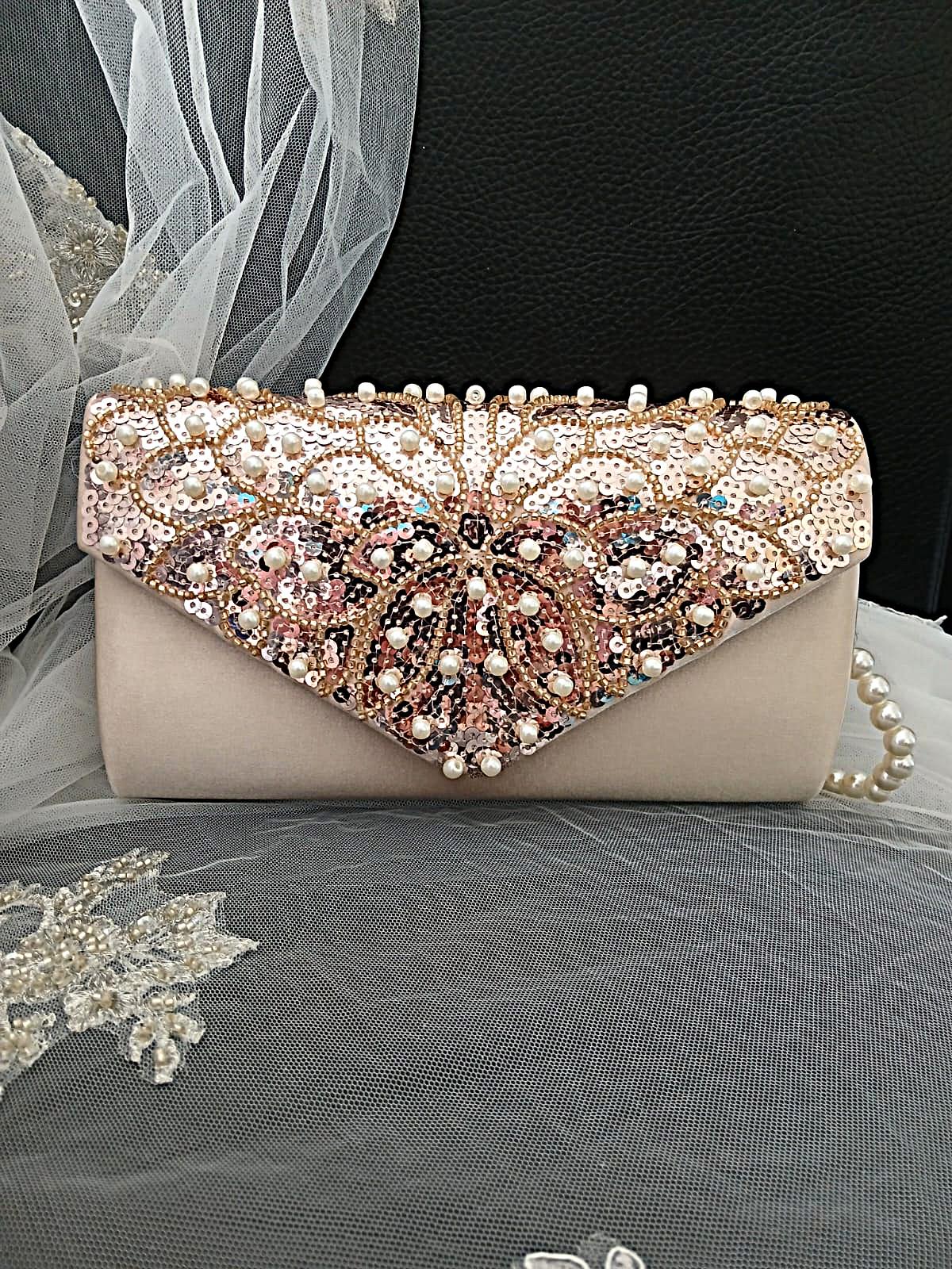 Champagne Satin Evening Clutch Bag: Pearl & Chain Handle Wedding Handbag