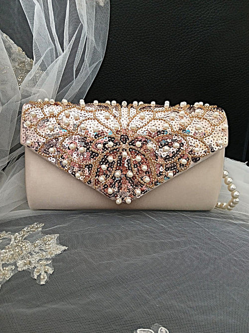 Champagne Satin Evening Clutch Bag: Pearl & Chain Handle Wedding Handbag