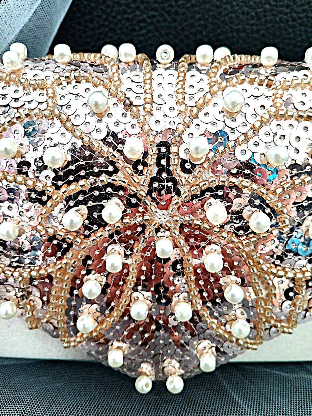 Champagne Satin Evening Clutch Bag: Pearl & Chain Handle Wedding Handbag