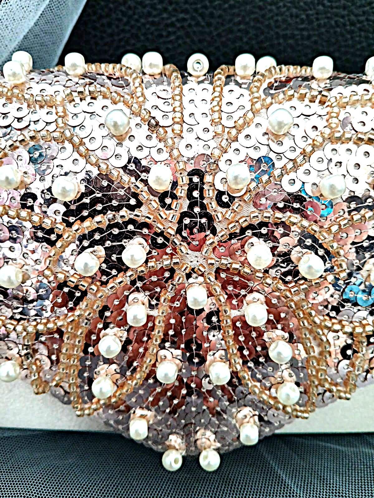 Champagne Satin Evening Clutch Bag: Pearl & Chain Handle Wedding Handbag
