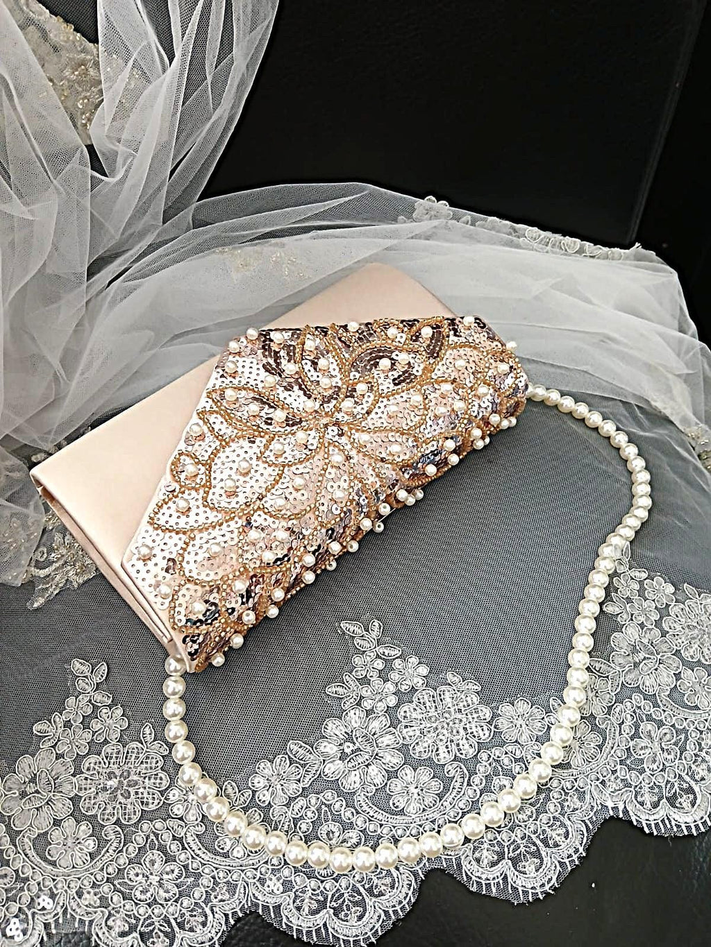 Champagne Satin Evening Clutch Bag: Pearl & Chain Handle Wedding Handbag