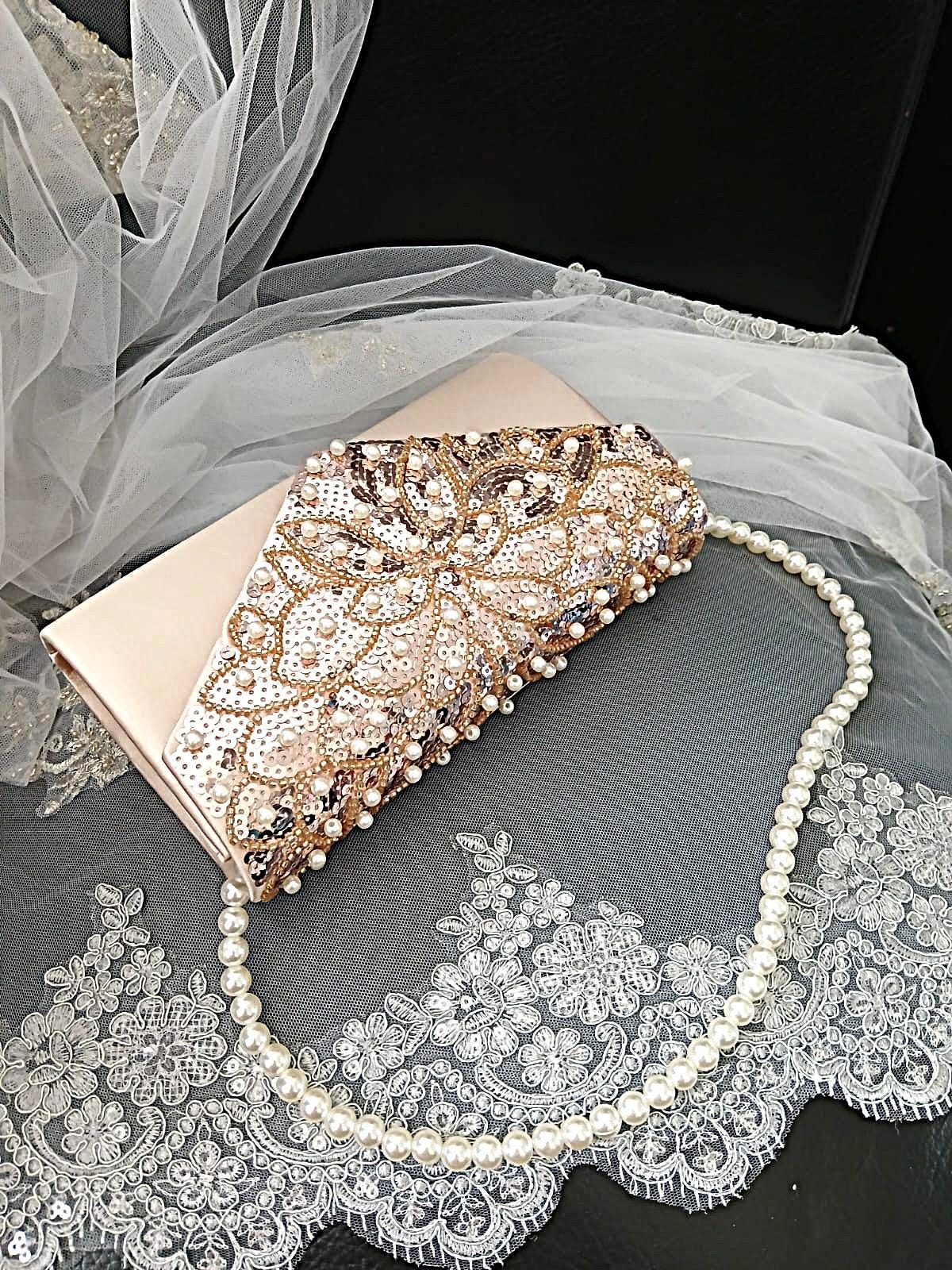 Champagne Satin Evening Clutch Bag: Pearl & Chain Handle Wedding Handbag