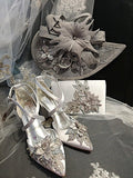 Silver Grey Floral Block Heel Sandal Set: Clutch Bag & Hat