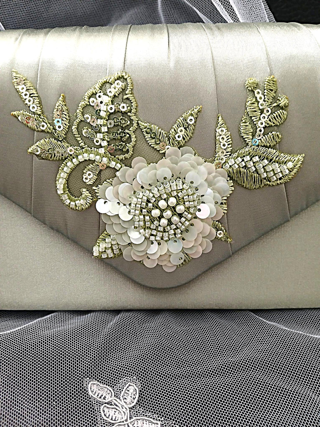 New Sage Green Satin Evening Clutch Bag: Floral Wedding Handbag With Chain