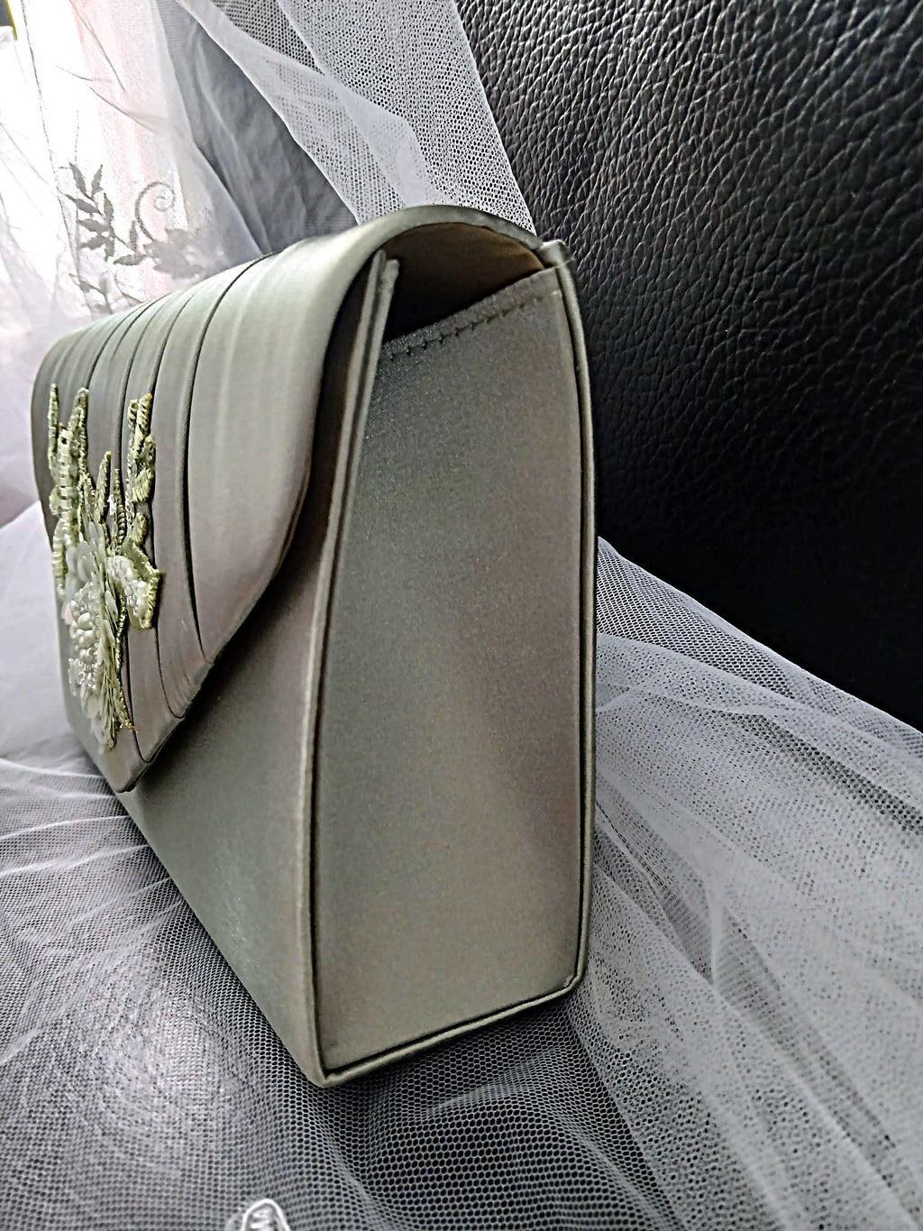 New Sage Green Satin Evening Clutch Bag: Floral Wedding Handbag With Chain
