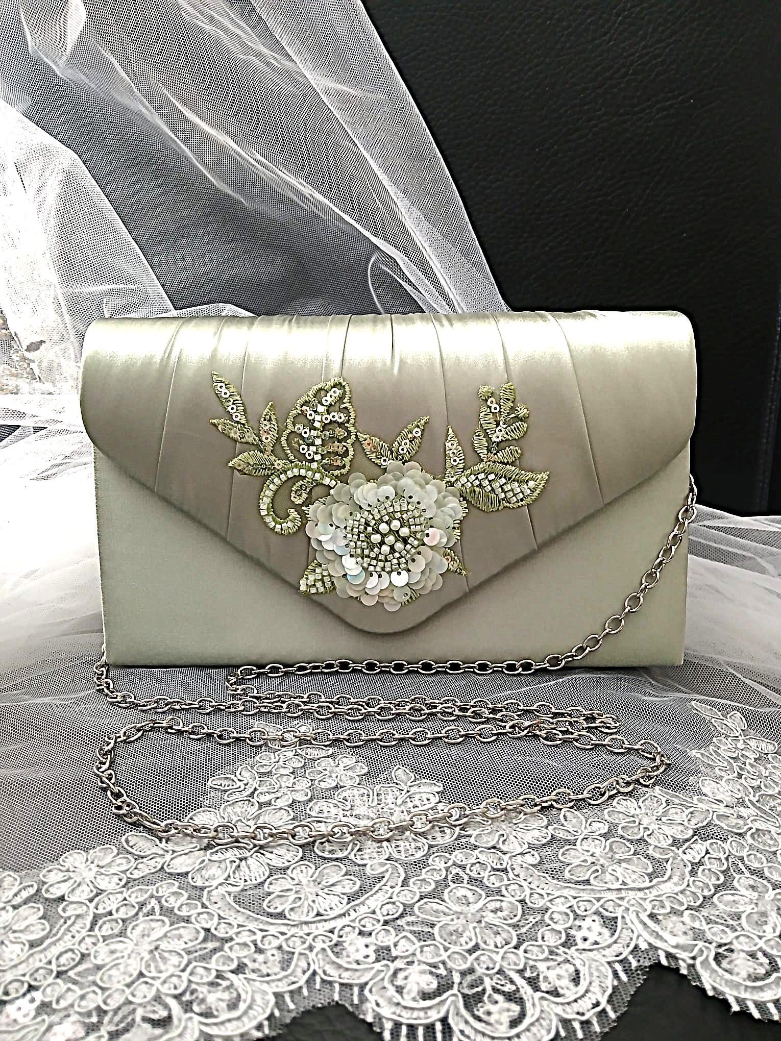 Sage Green Floral Hat & Satin Clutch Bag Set For Formal Event