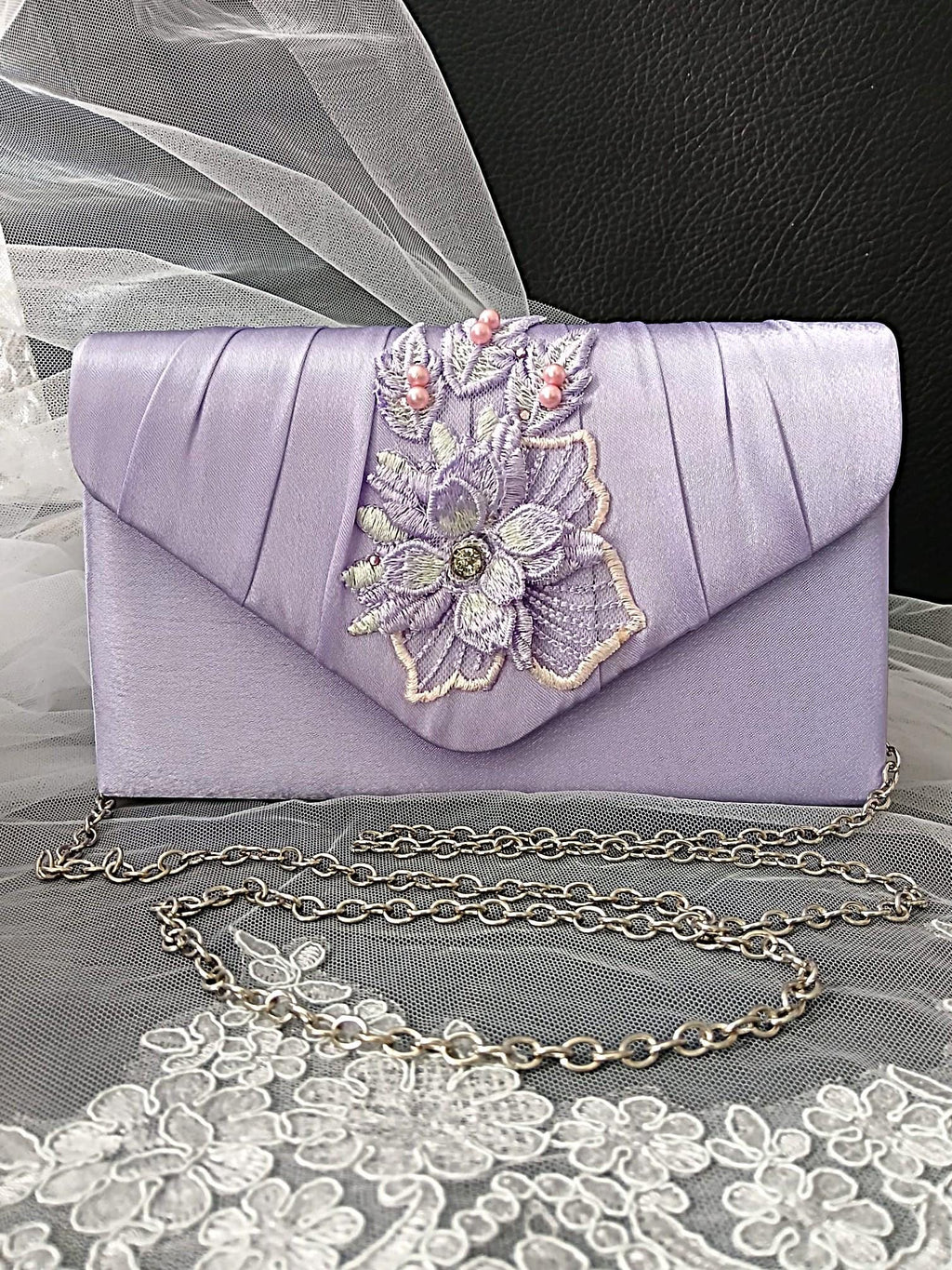 Light Purple Satin Evening Clutch Bag: Floral Lavender Wedding Handbag