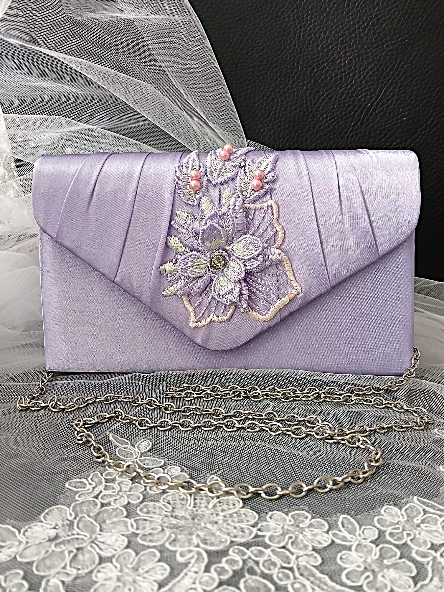 Light Purple Satin Evening Clutch Bag: Floral Lavender Wedding Handbag