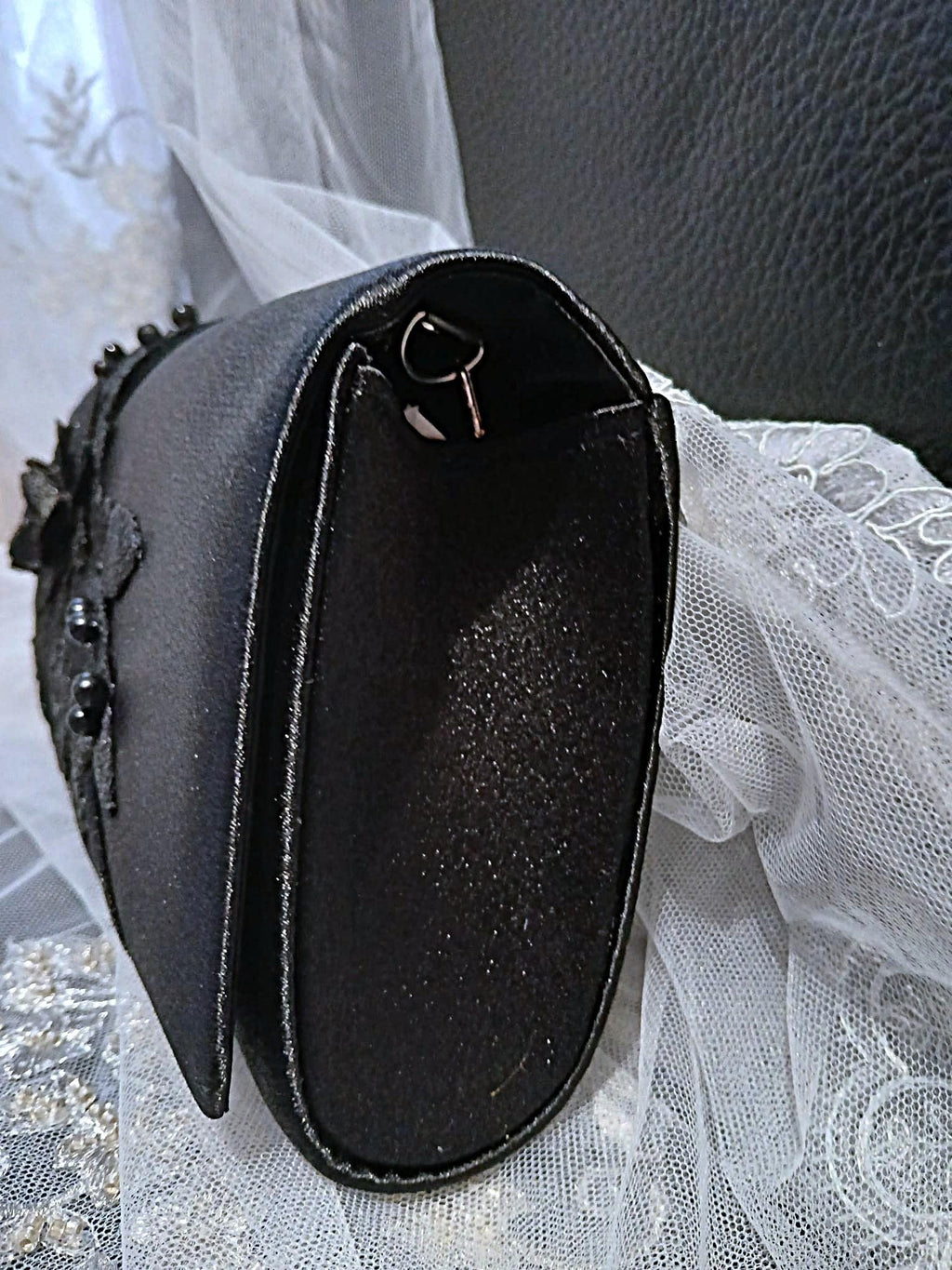 Black Satin Evening Clutch Bag: Floral Wedding Handbag with Chain