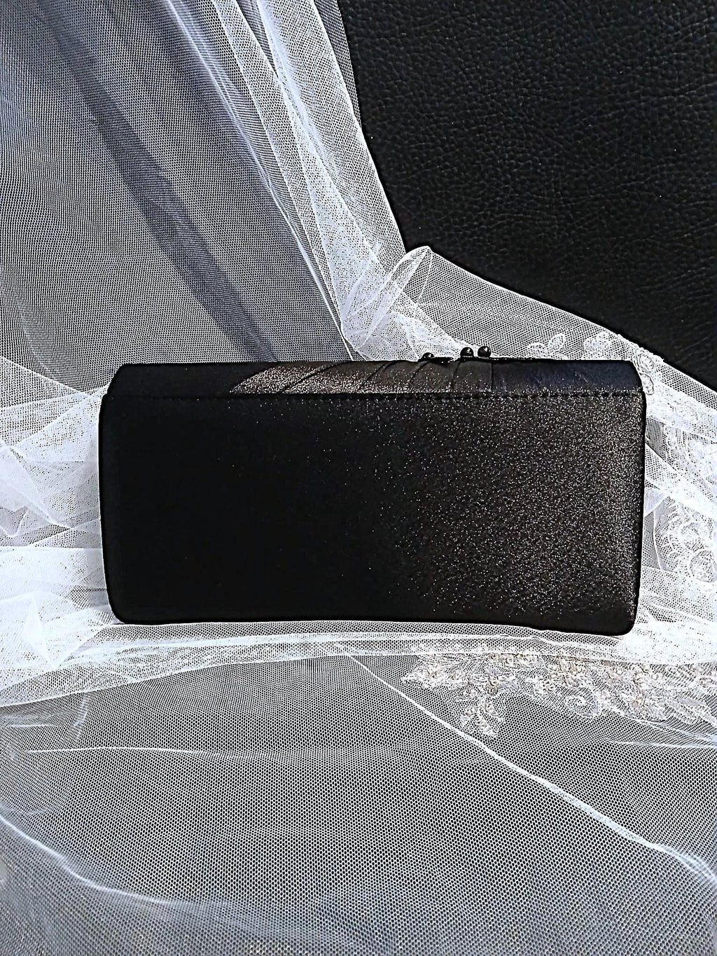 Black Satin Evening Clutch Bag: Floral Wedding Handbag with Chain
