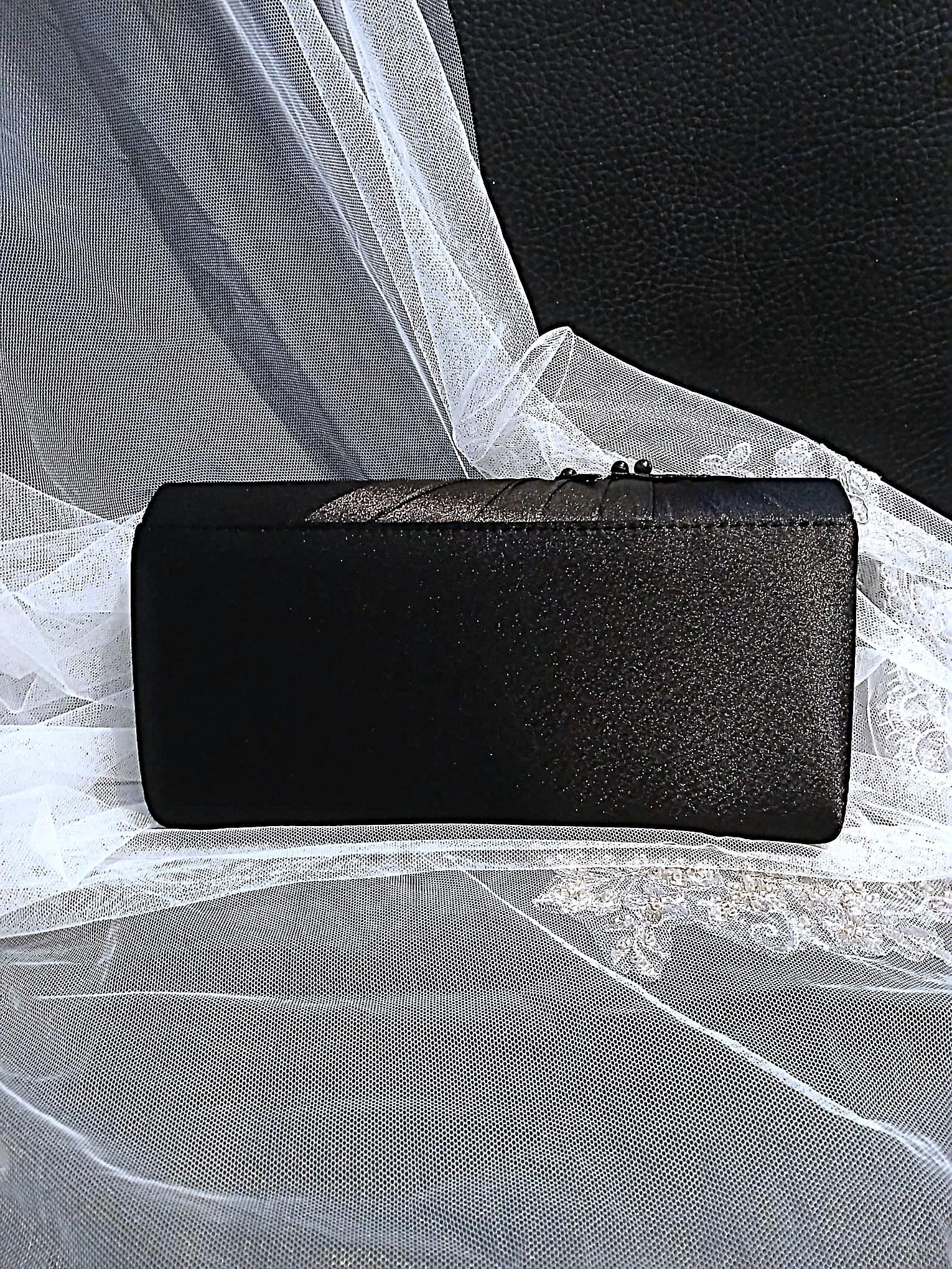 Black Satin Evening Clutch Bag: Floral Wedding Handbag with Chain