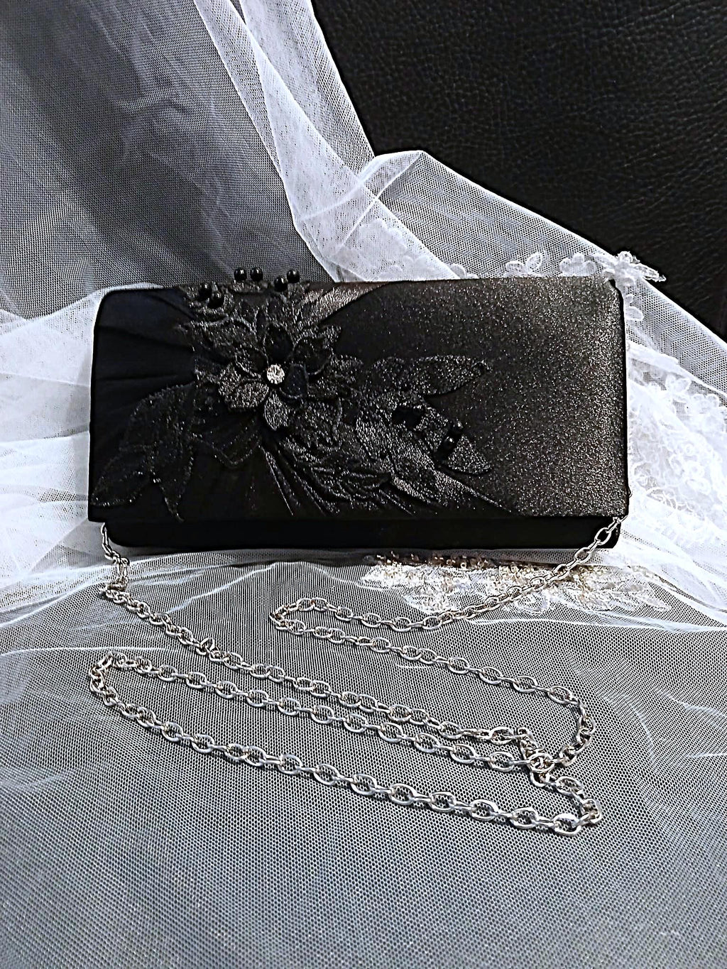 Black Satin Evening Clutch Bag: Floral Wedding Handbag with Chain