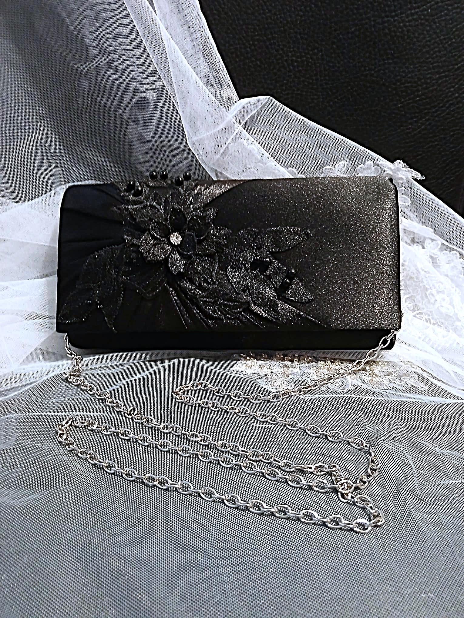 Black Satin Evening Clutch Bag: Floral Wedding Handbag with Chain