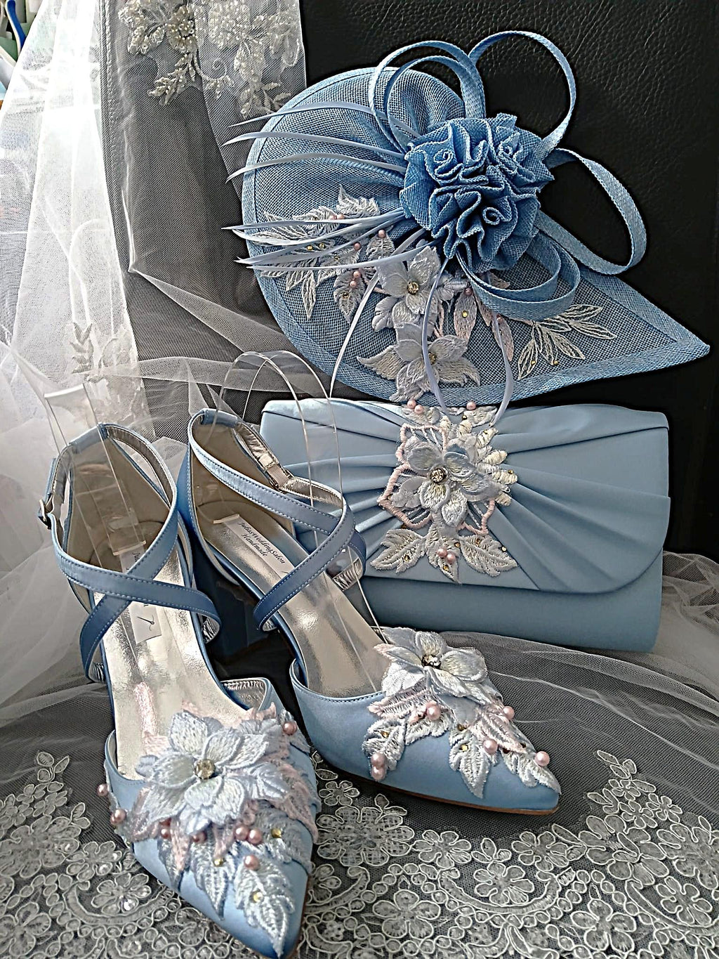 New Light Bue Satin Block Heel Sandal Set: Floral Hat & Clutch - Formal Occasion