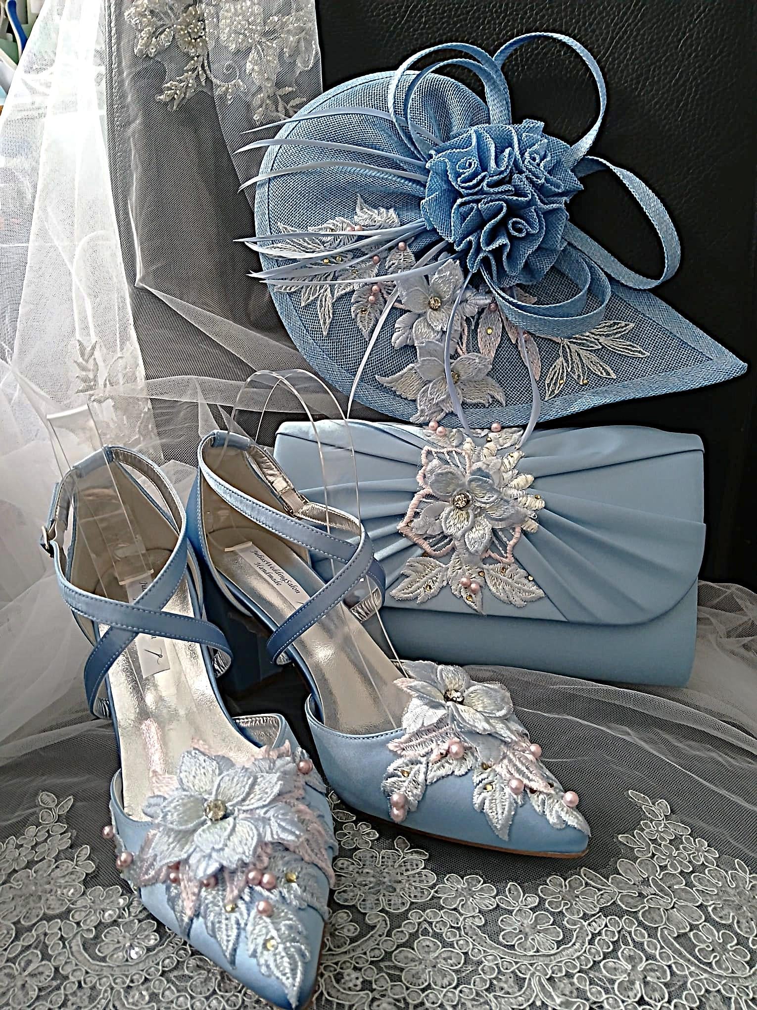 New Light Bue Satin Block Heel Sandal Set: Floral Hat & Clutch - Formal Occasion