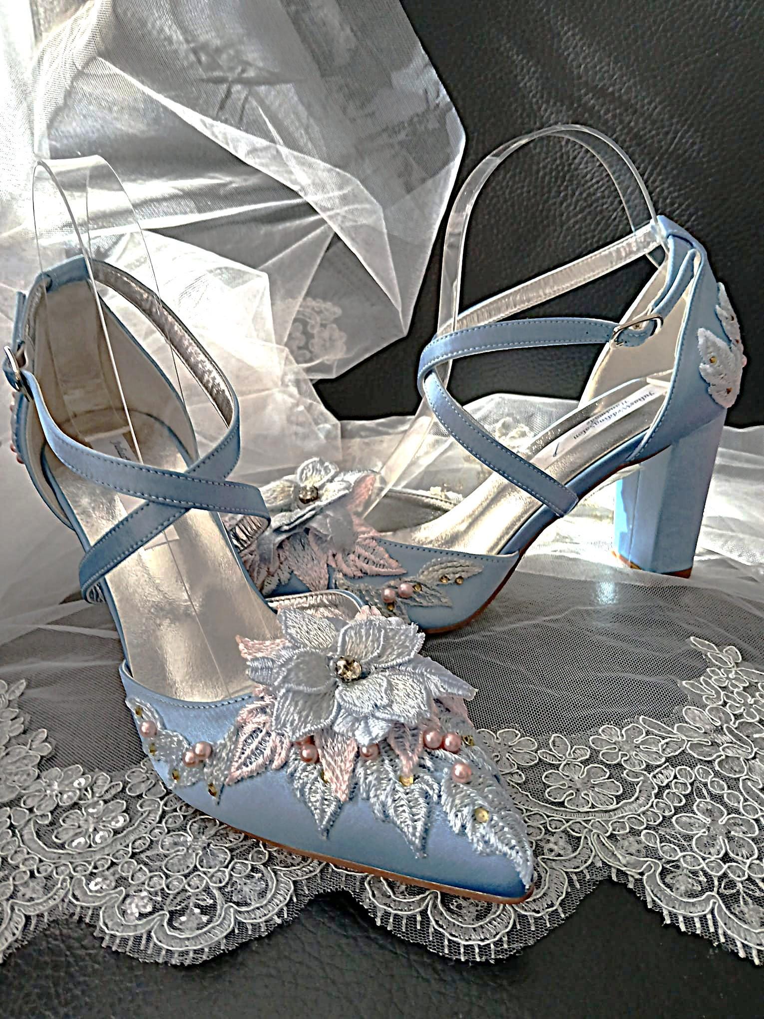 New Light Bue Satin Block Heel Sandal Set: Floral Hat & Clutch - Formal Occasion