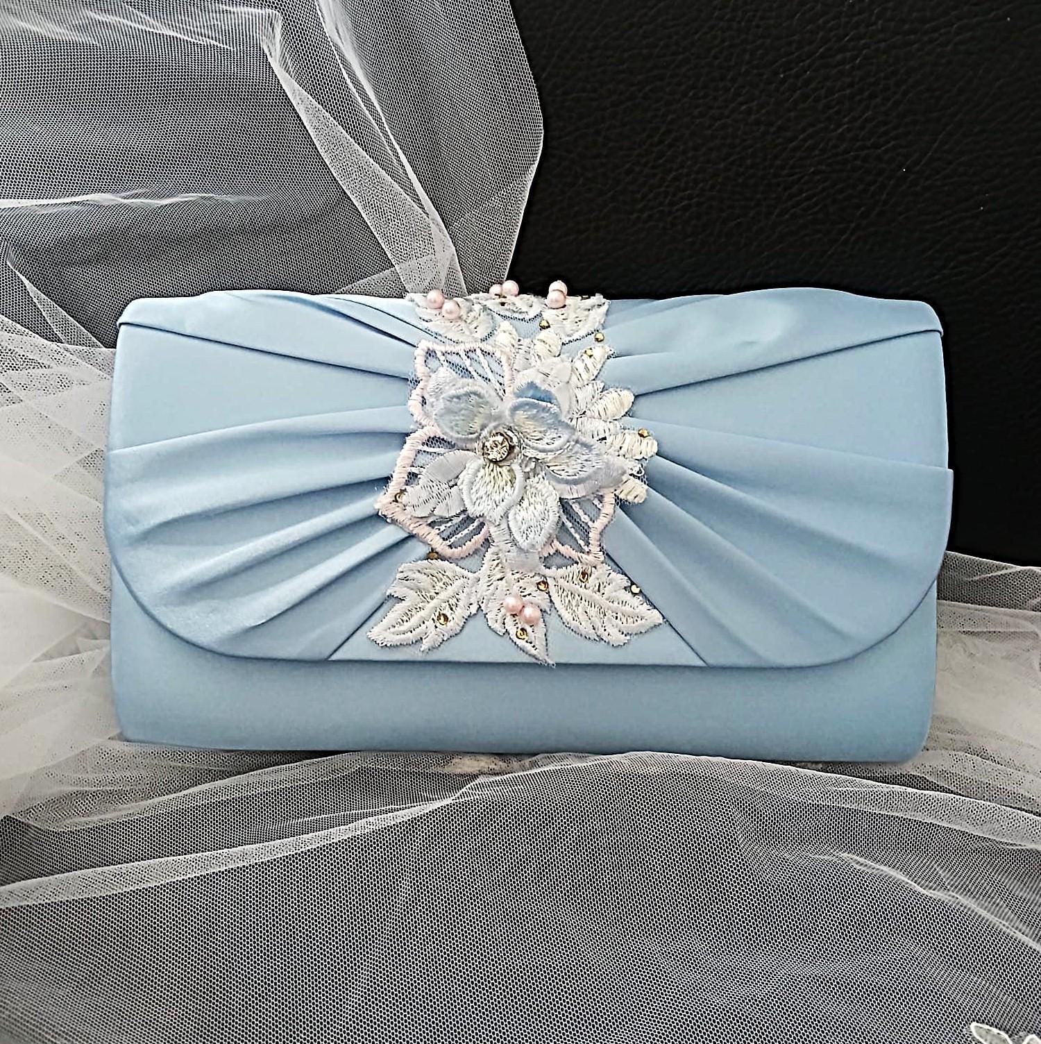 Ligh Blue Floral Hat and Suede Evening Clutch Bag Set For Formal Event