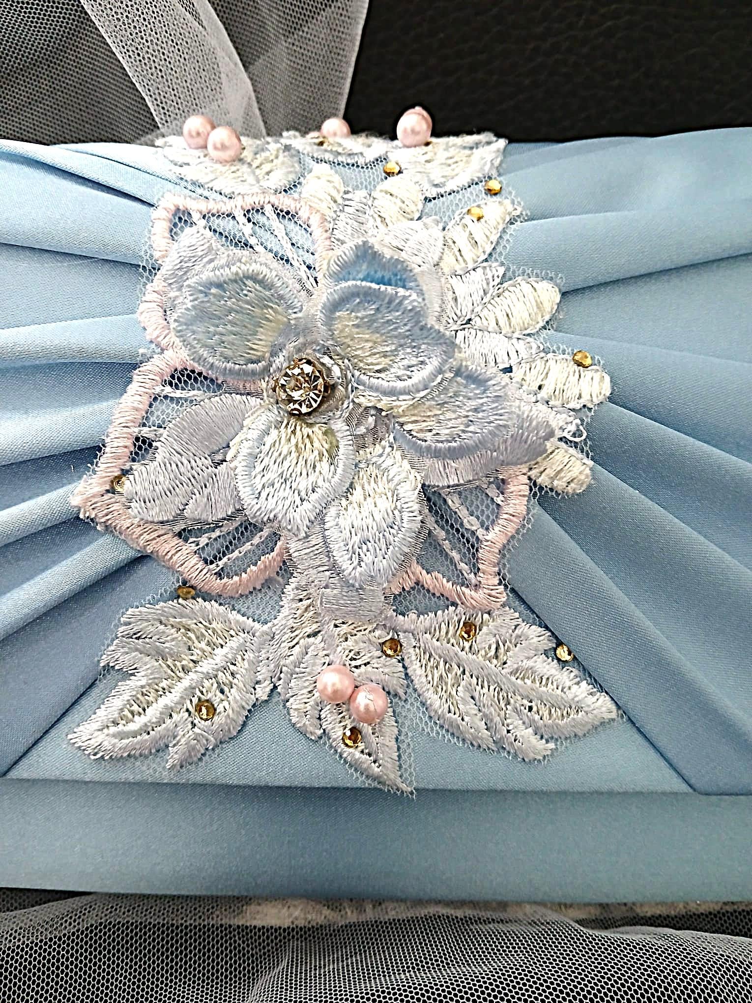 Ligh Blue Floral Hat and Suede Evening Clutch Bag Set For Formal Event