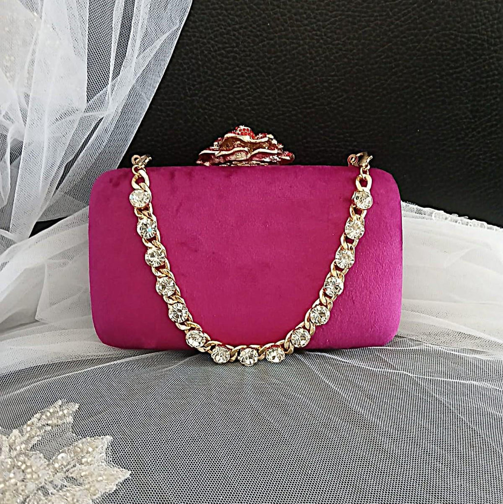 Magenta Pink Velvet Clutch Bag: Crystal Handle, Flower Closure