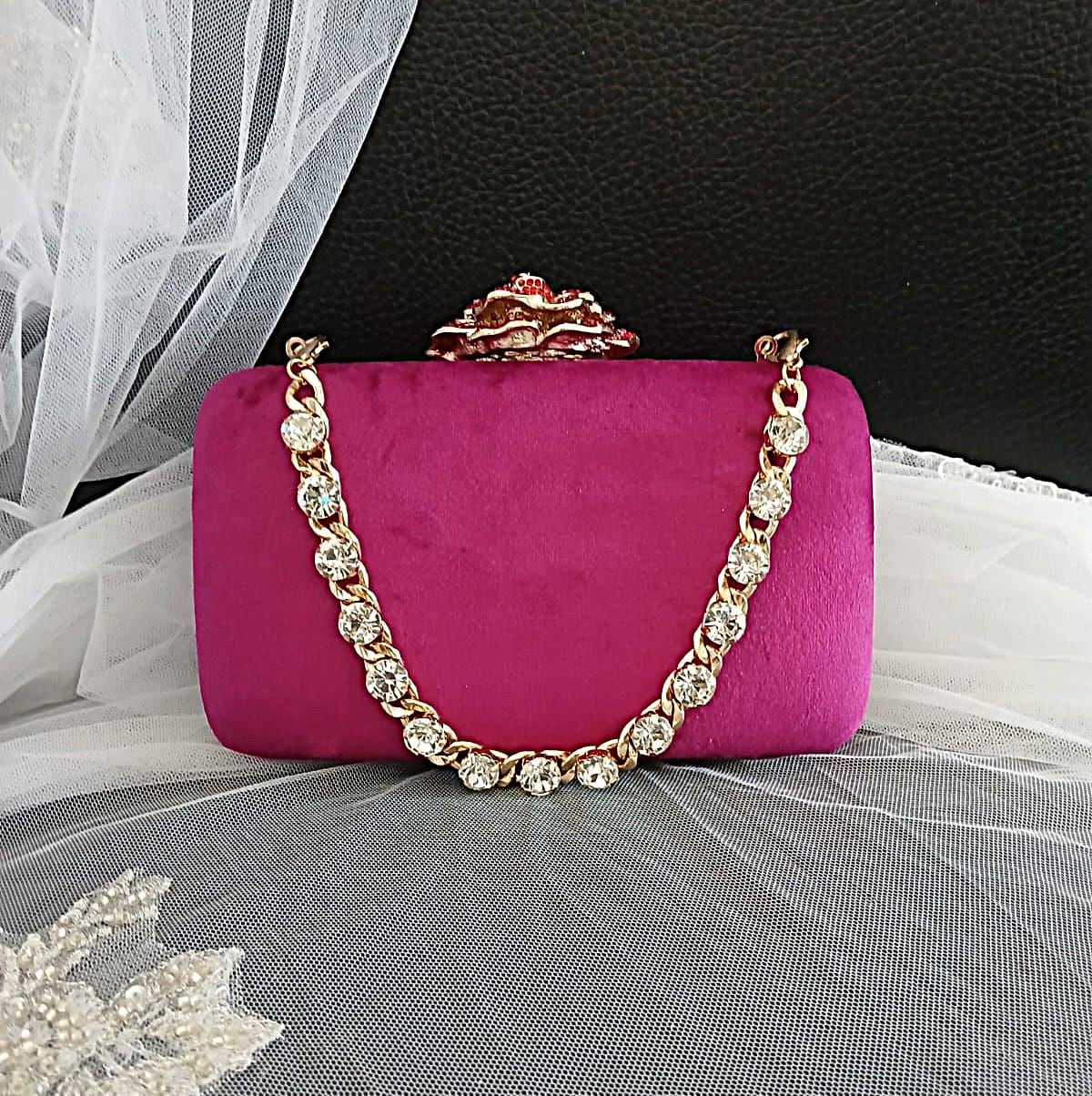 Magenta Pink Velvet Clutch Bag: Crystal Handle, Flower Closure