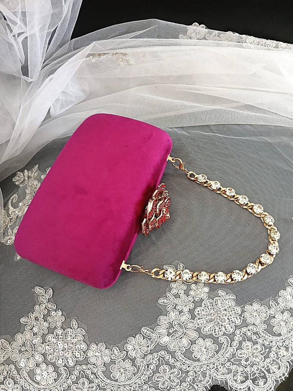 Magenta Pink Velvet Clutch Bag: Crystal Handle, Flower Closure