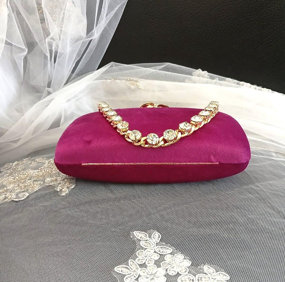 Magenta Pink Velvet Clutch Bag: Crystal Handle, Flower Closure