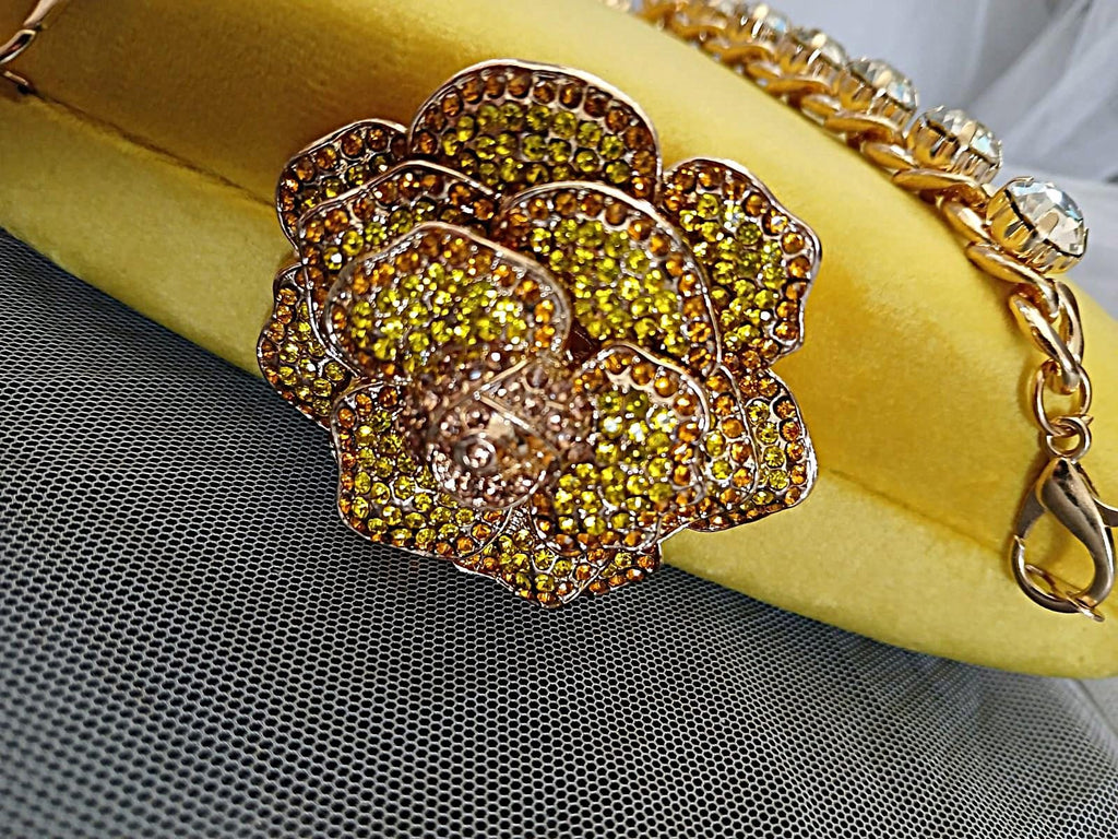 Yellow Velvet Evening Clutch: Crystal Handle Flower Closure, Wedding Handbag