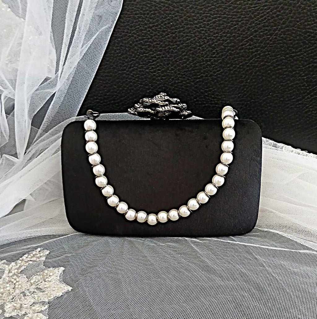 Black Velvet Evening Clutch: Pearl Handle, Flower Closure