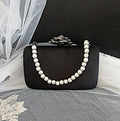 Black Velvet Evening Clutch: Pearl Handle, Flower Closure