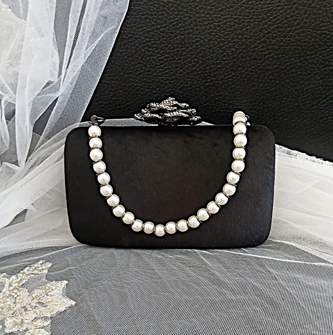 Black Velvet Evening Clutch: Pearl Handle, Flower Closure