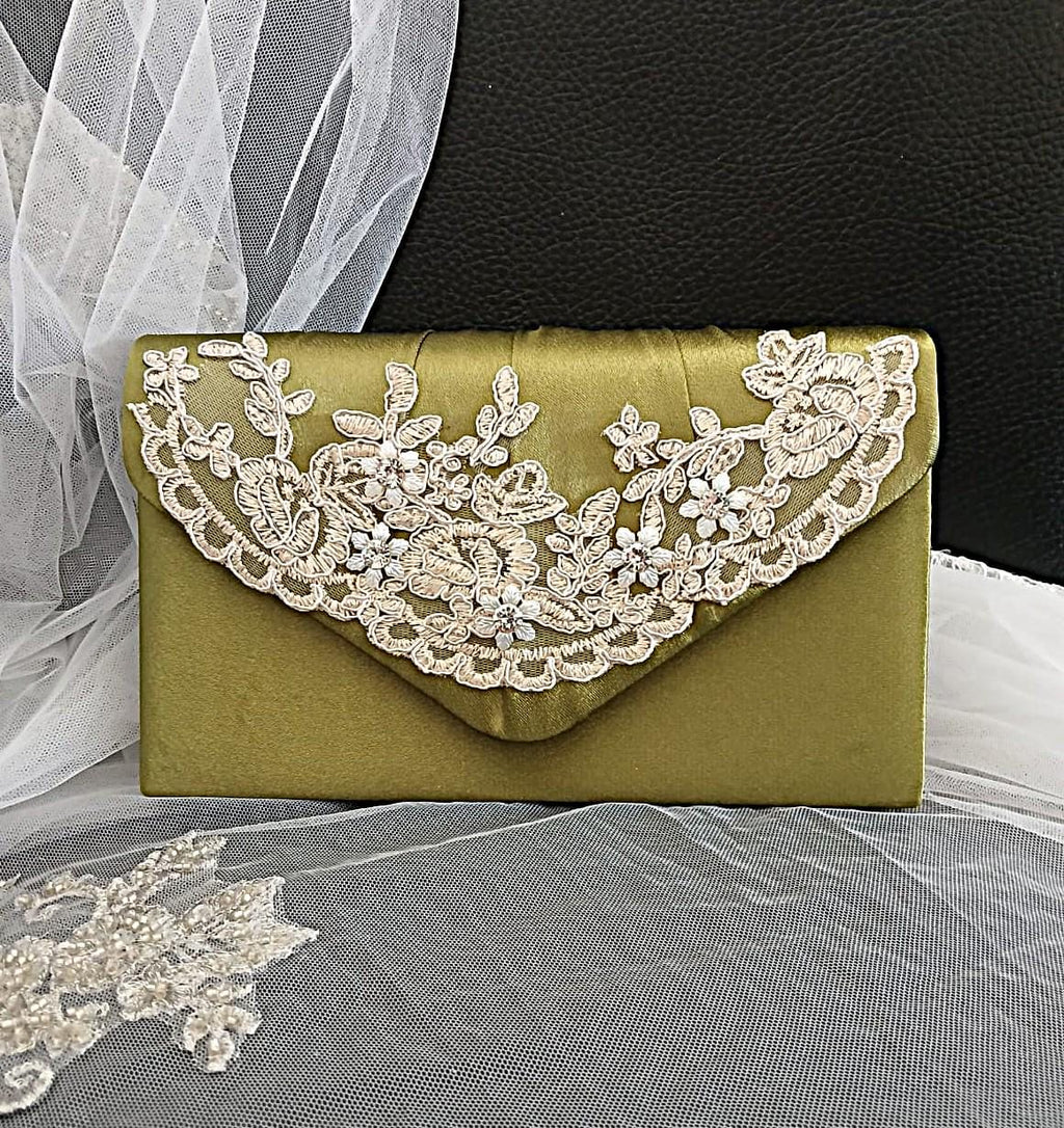 Olive Green Satin Evening Clutch: Wedding Handbag, Formal Purse