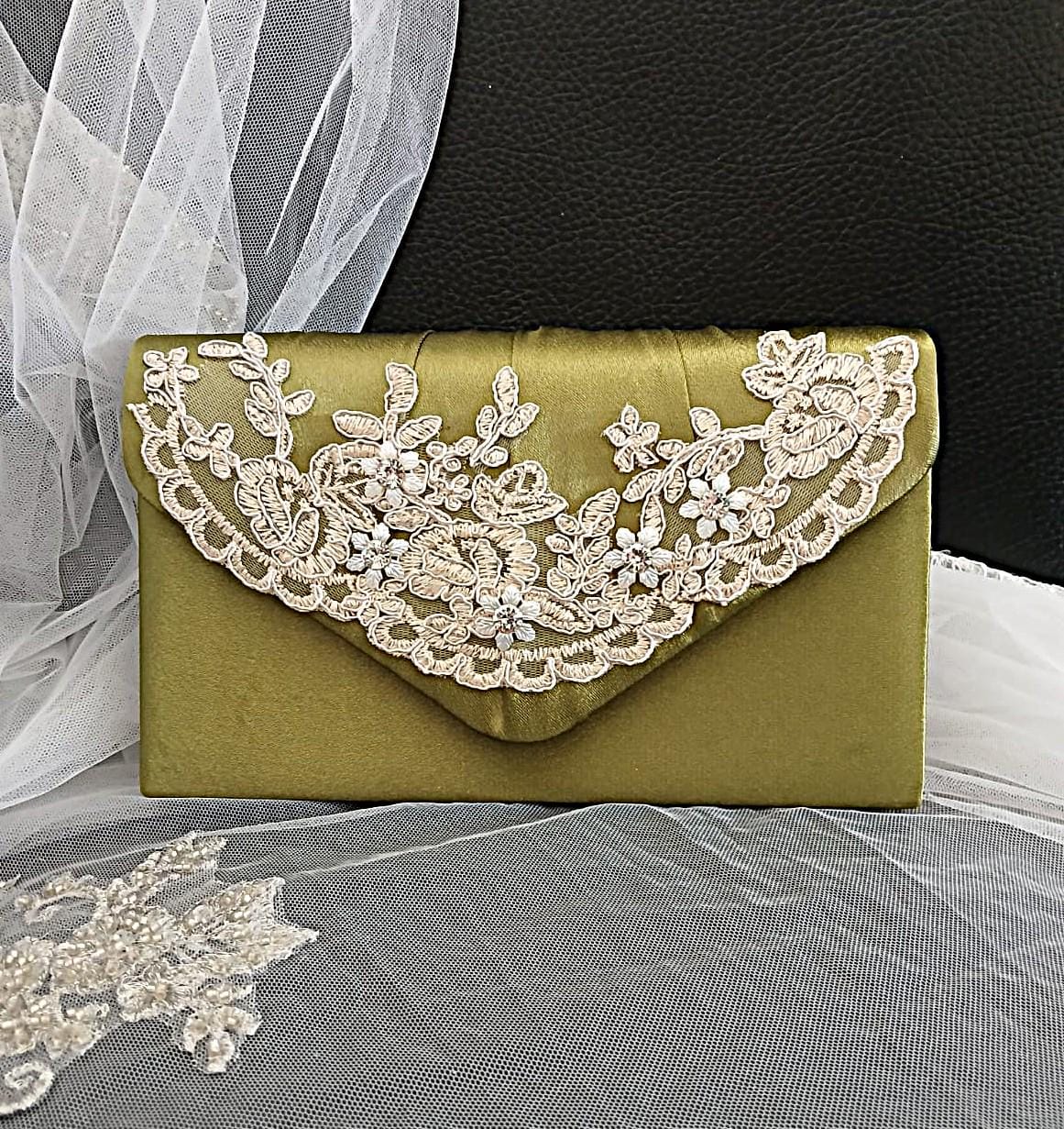 Olive Green Satin Evening Clutch: Wedding Handbag, Formal Purse